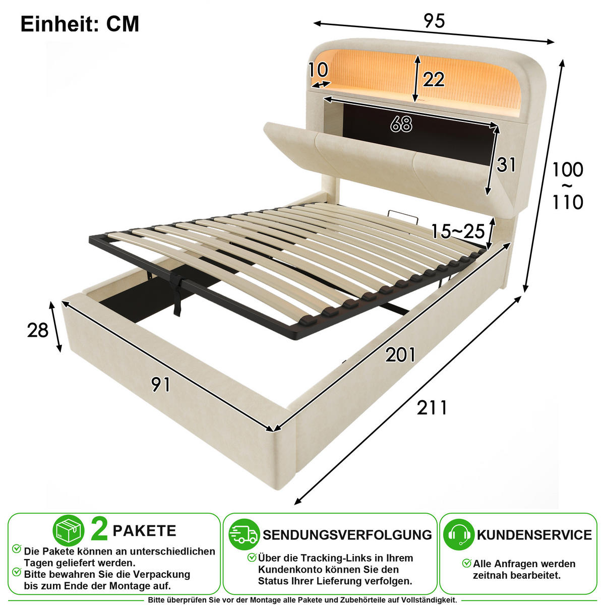 ČALOUNĚNÁ POSTEL 90/200 cm v béžové barvě s úložným prostorem, LED a USB-C - béžová, kov/kompozitní dřevo (90/200cm) - CHICFURN