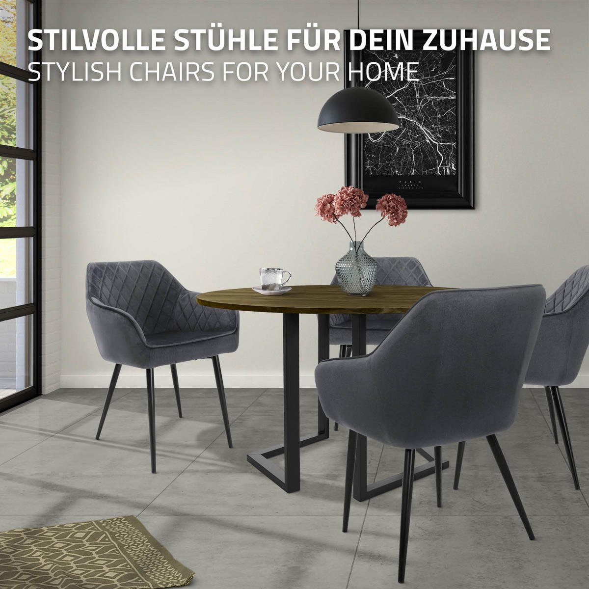 ESSZIMMERSTUHL 6er Set Anthrazit Samt - Anthrazit/Schwarz, Textil/Metall (63/80/60cm) - ML-DESIGN