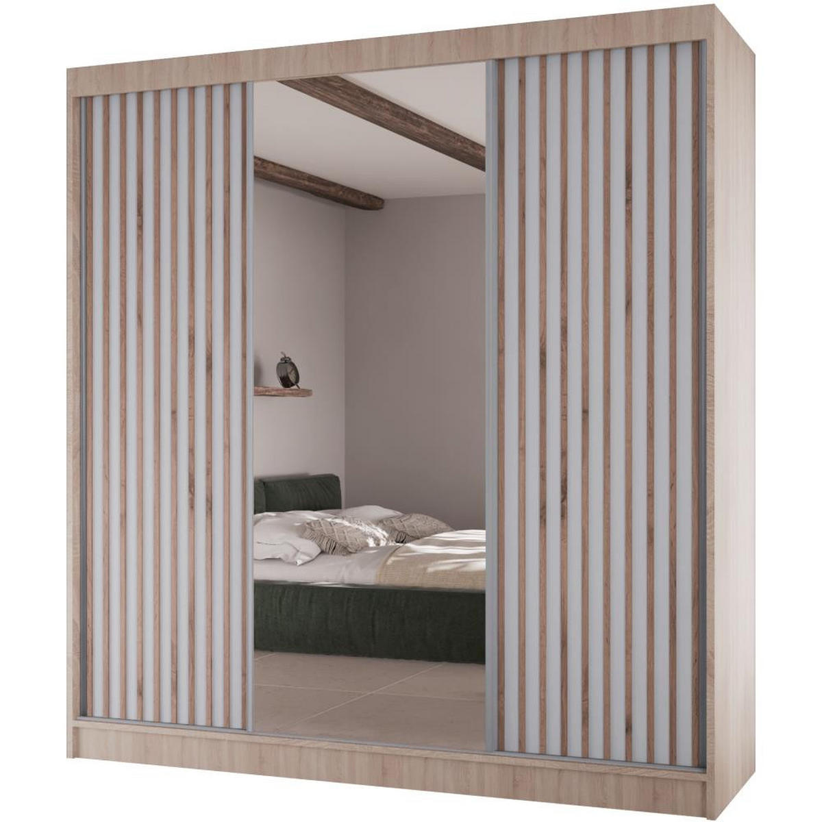 SCHWEBETÜRENSCHRANK Lico II 200/61/215 eiche sonoma+weiß - Weiß/Sonoma Eiche, Holzwerkstoff (200/215/61cm) - Beautysofa