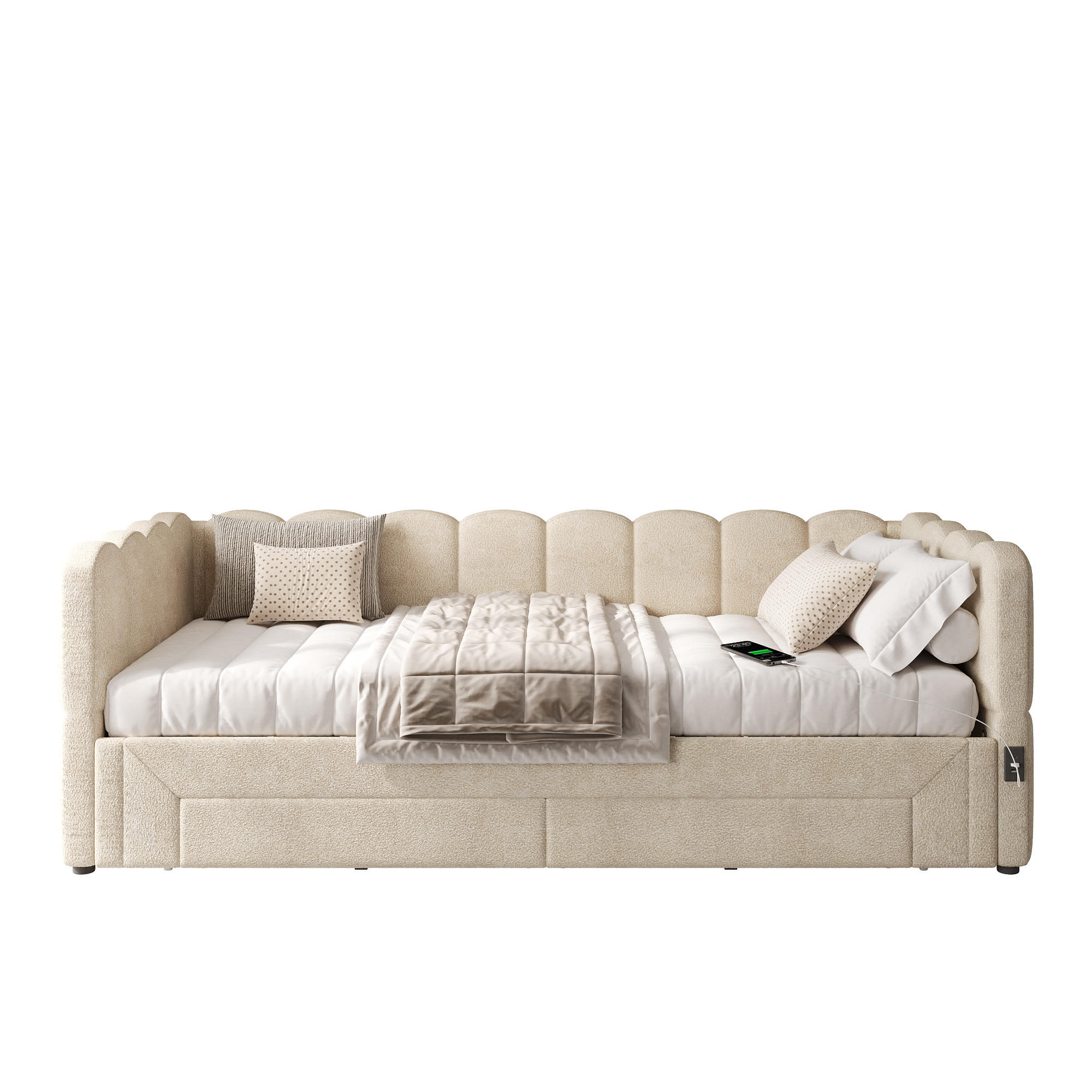 DAYBETT 90x200 cm Beige Chenille ausziehbar mit USB - Beige, Textil (90/200cm) - FLIEKS