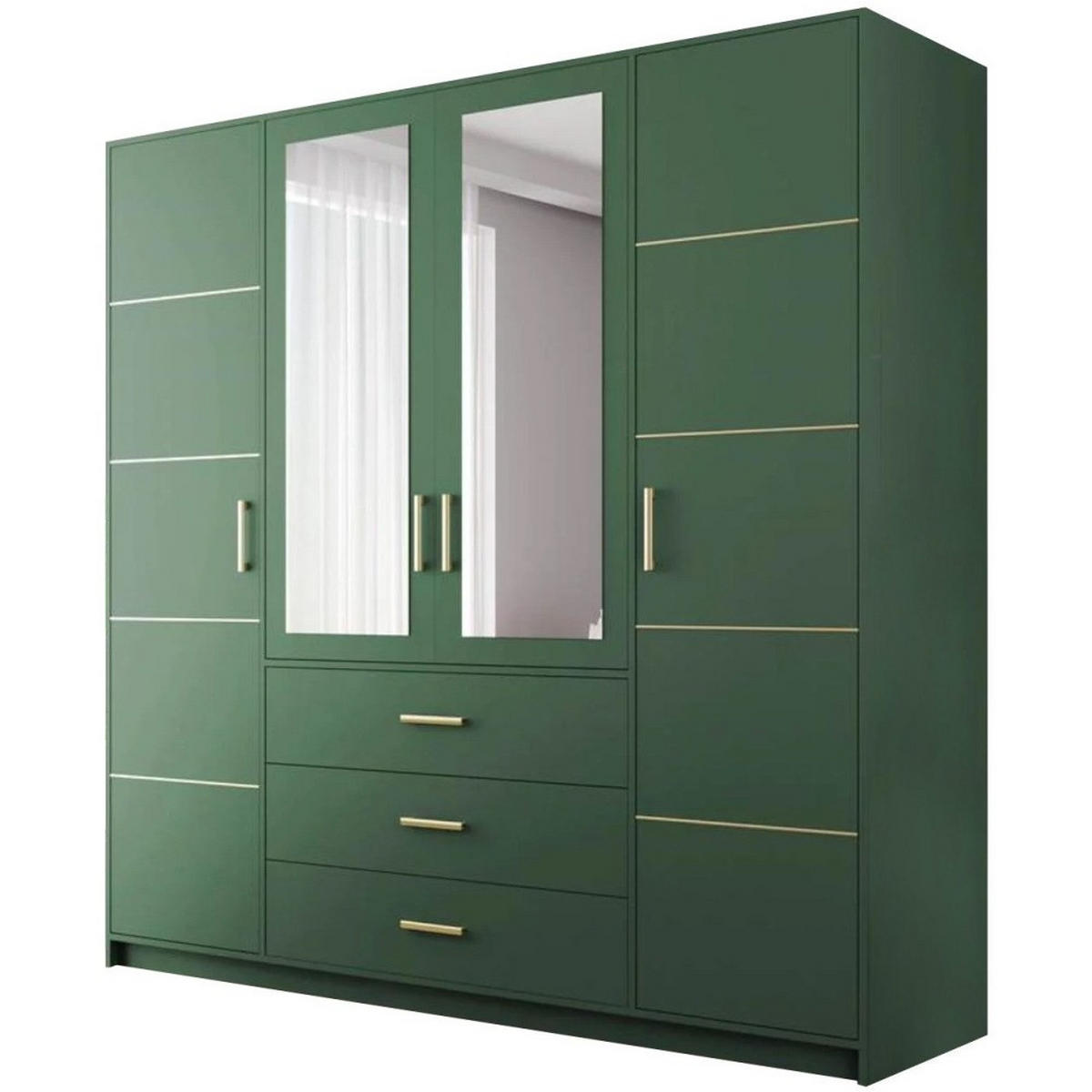 DREHTÜRENSCHRANK Balid 4-Türen, mit 3 Schubladen und Spiegel, Grün - Grün, Holzwerkstoff (196/200/58cm) - Beautysofa