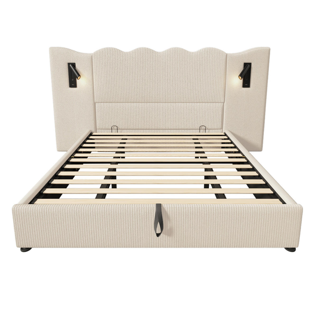 POLSTERBETT 180/200 cm mit Leselampe, USB- und Type-C-Anschlüssen, hydraulischem Bettkasten aus Cordstoff, Beige-Weiß - Weiß, Textil (180/200cm) - Redom