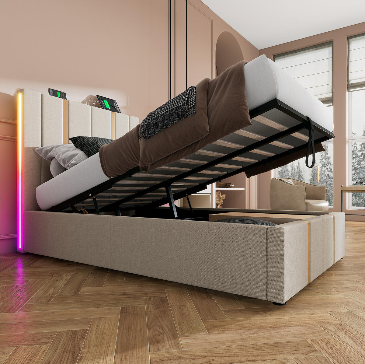 POLSTERBETT 90/200 cm Beige mit Stauraum, LED-Beleuchtung und USB-/Type-C-Anschlüssen - Beige, Textil (90/200cm) - Flora Grace