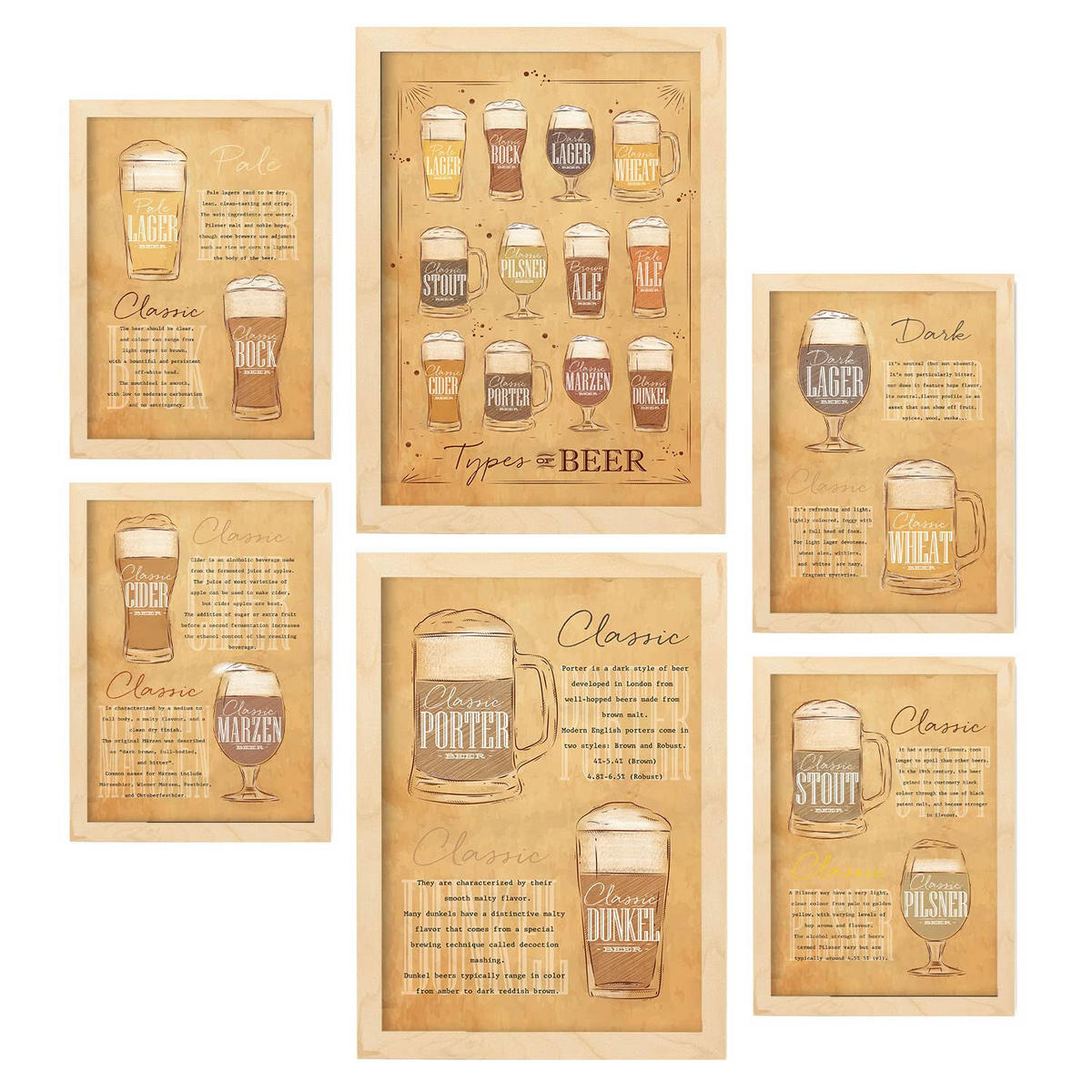 POSTER Set Mit 6 Biersorten Größe A3 & A4 Rahmen aus hellem Holz - Beige, Papier (29.7/1cm) - Nacnic