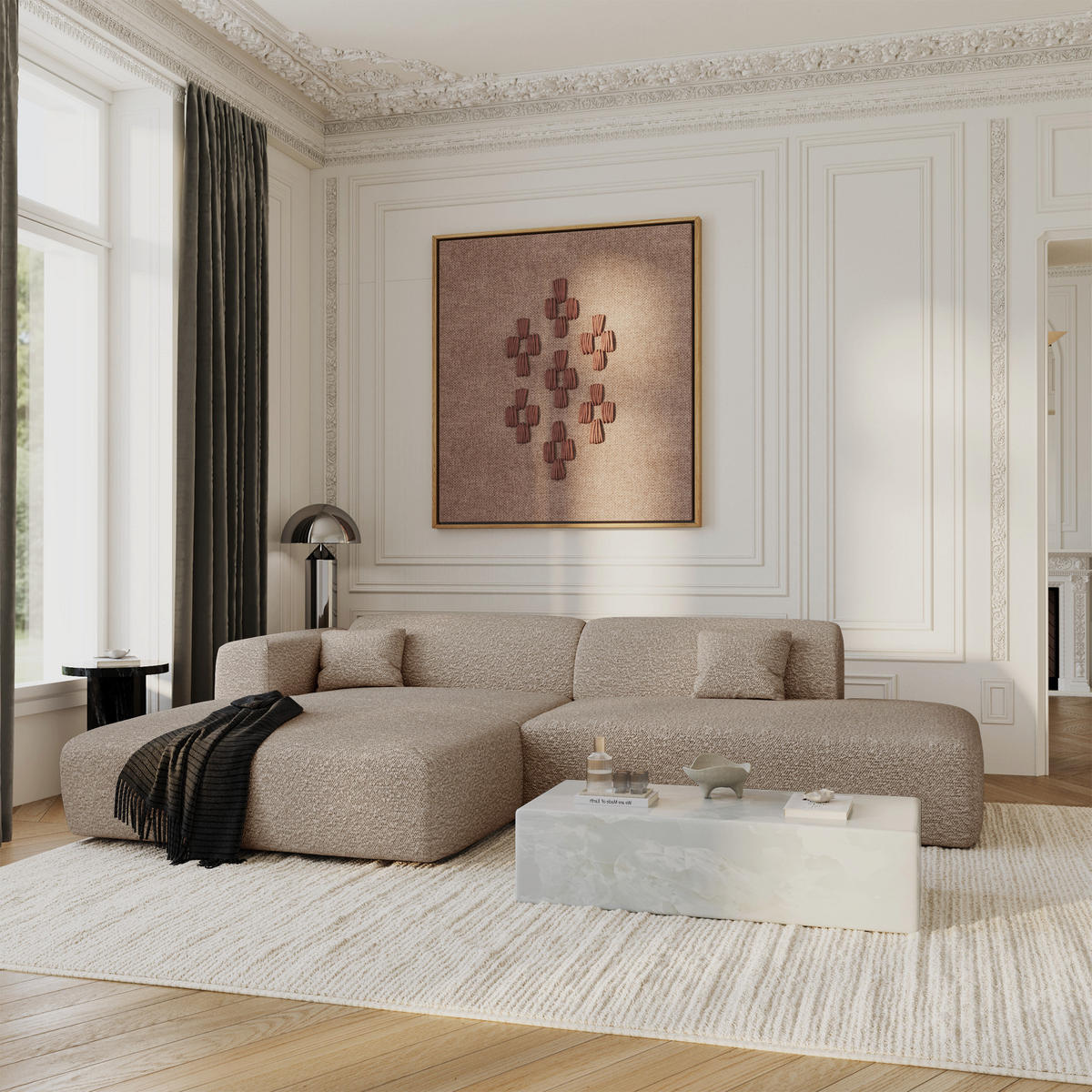 ECKSOFA LINKS Bouclé-Stoff Taupe 310cm - Taupe, Textil (310/96cm) - Sia Home
