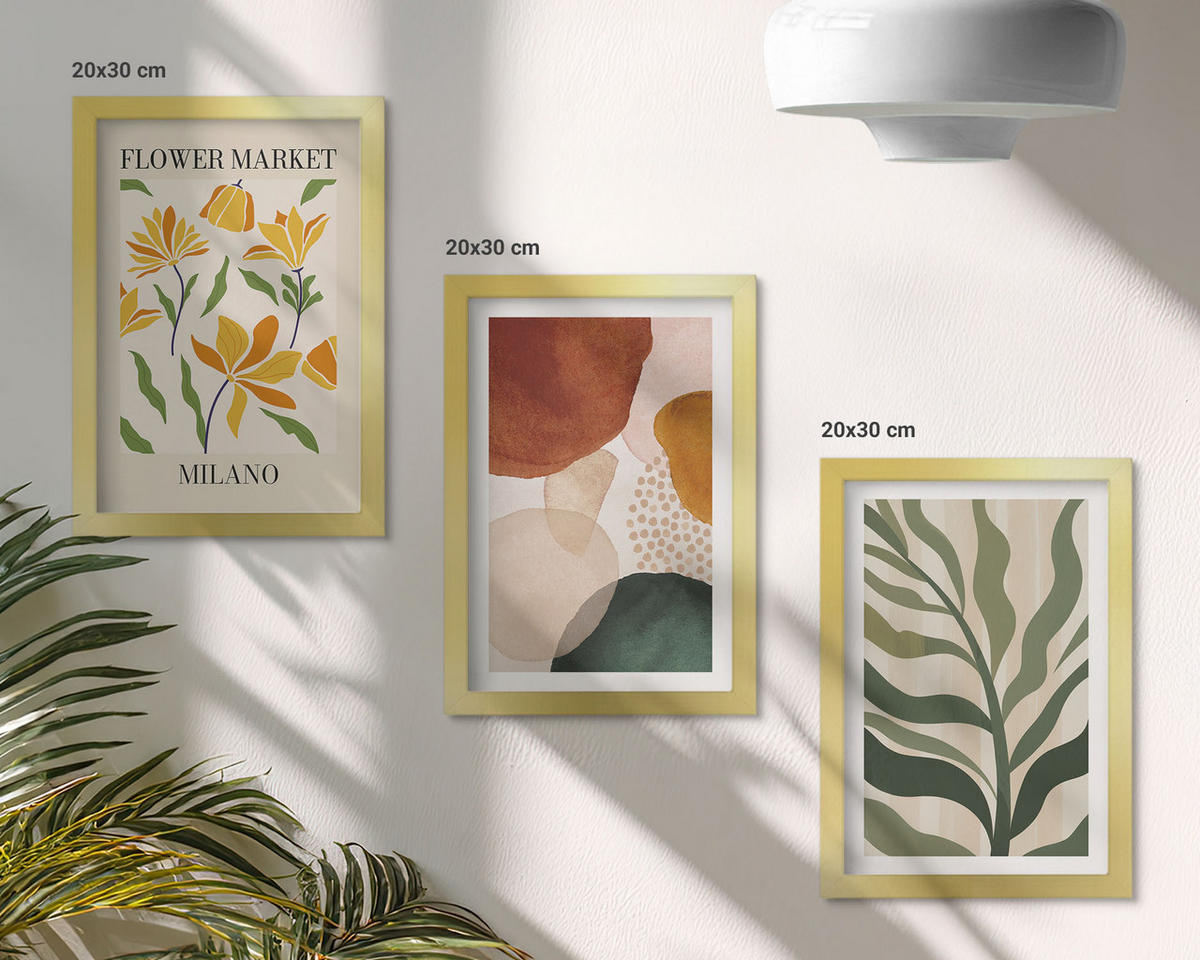BILDER SET 3er Set - 20x30 cm Goldrahmen - Florale abstrakte Formen - Goldfarben, Kunststoff (20/30cm) - TULUP