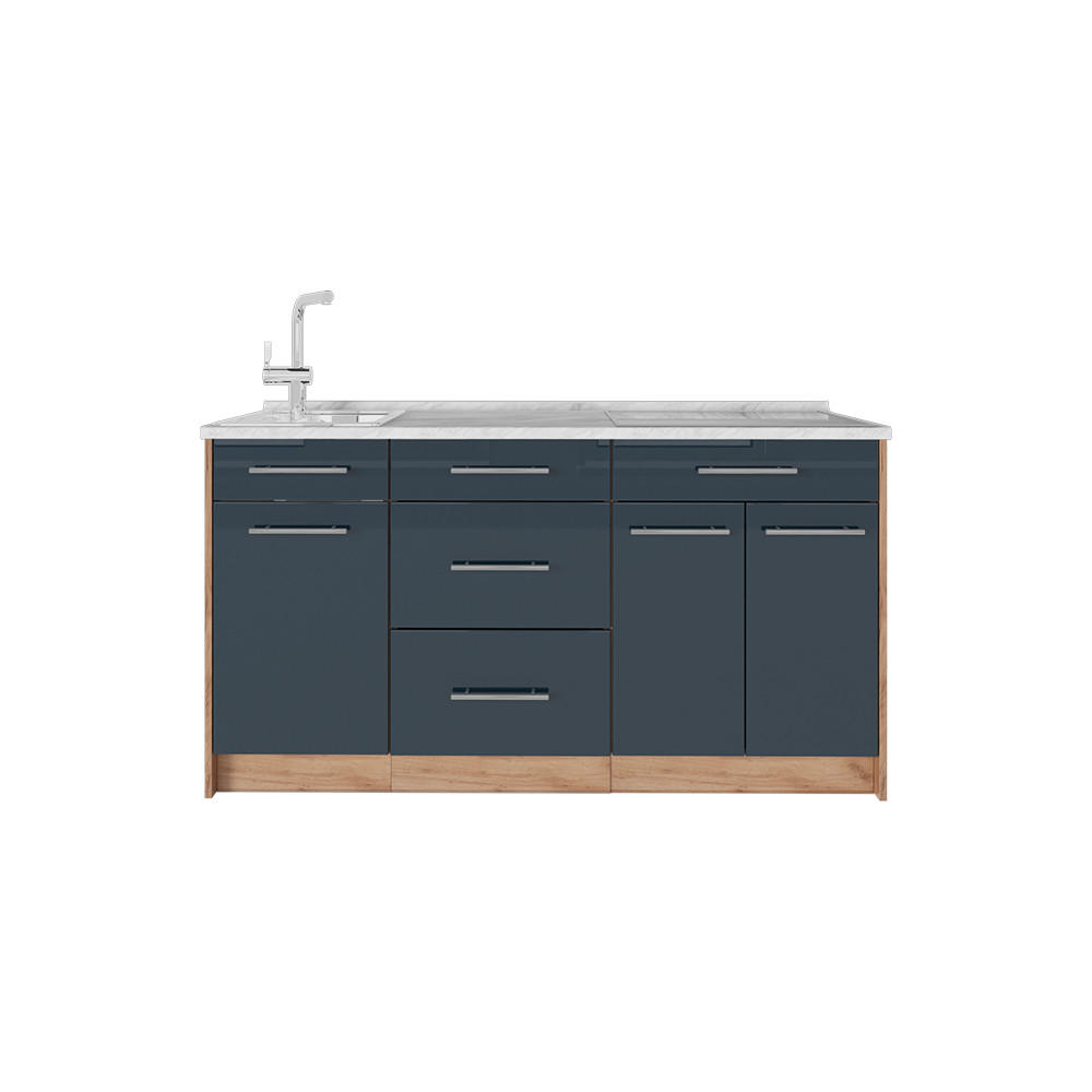 KUCHYNSKÝ BLOK Fame-Line, Tmavo modrá vysoký lesk, 150 cm, AP Marble - tmavomodrá/dub medový, kompozitné drevo (150/82/60cm) - Vicco