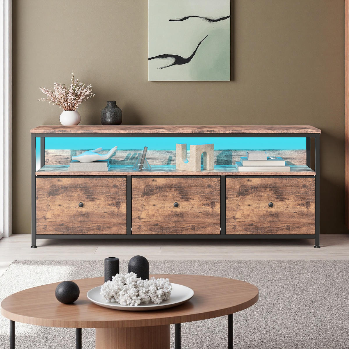 LOWBOARD, TV Schrank mit LED 137x30x57 cm, mit 3 Stoffschubladen und offenen Fächern - Eiche Artisan, Holz (29.8/57/137cm) - WoodenAura