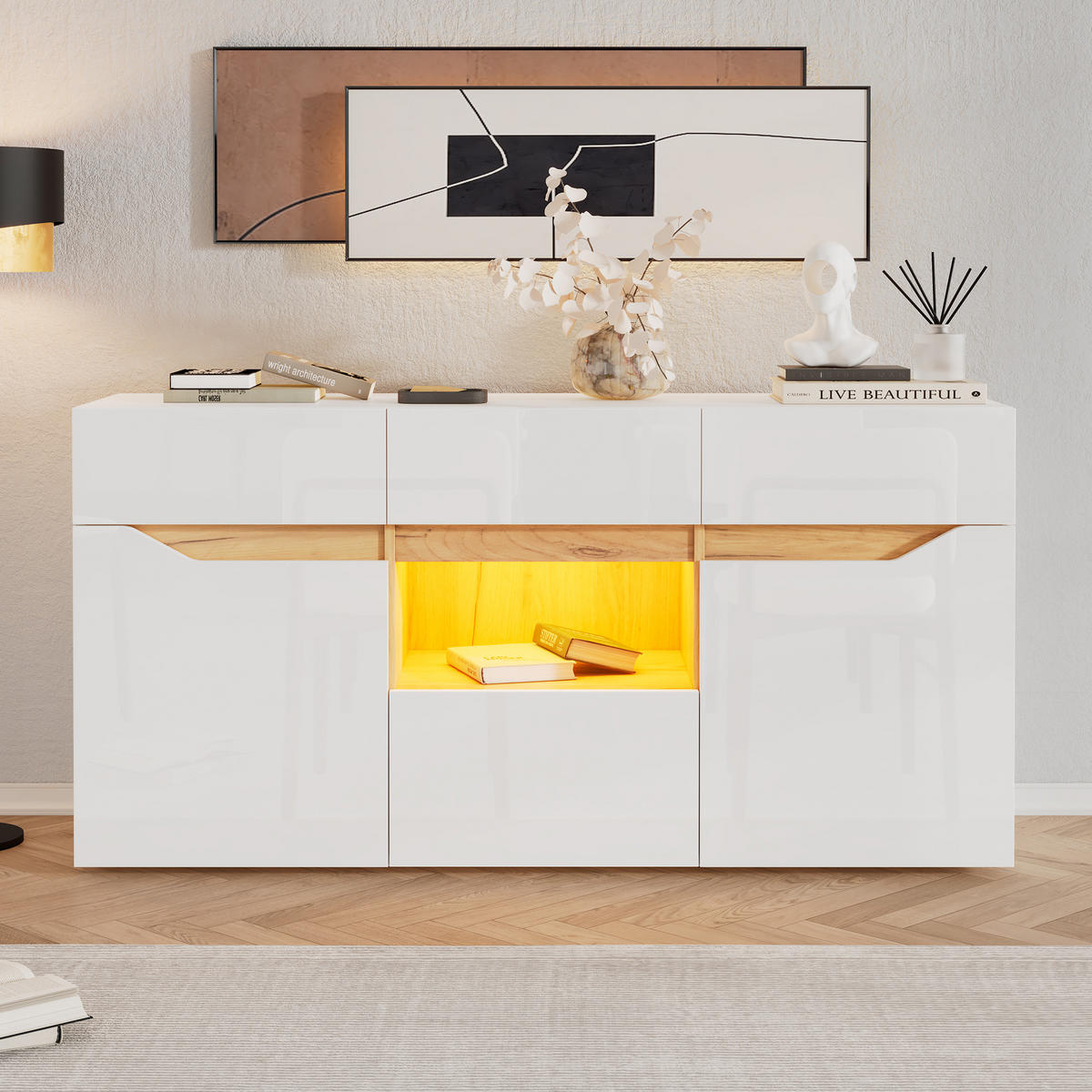 KUCHYŇSKÁ SKŘÍŇ v bílé a přírodní barvě s LED osvětlením a zásuvkami do obýváku, 140×40×70 cm - bílá, kompozitní dřevo (140/70/40cm) - STILVORA