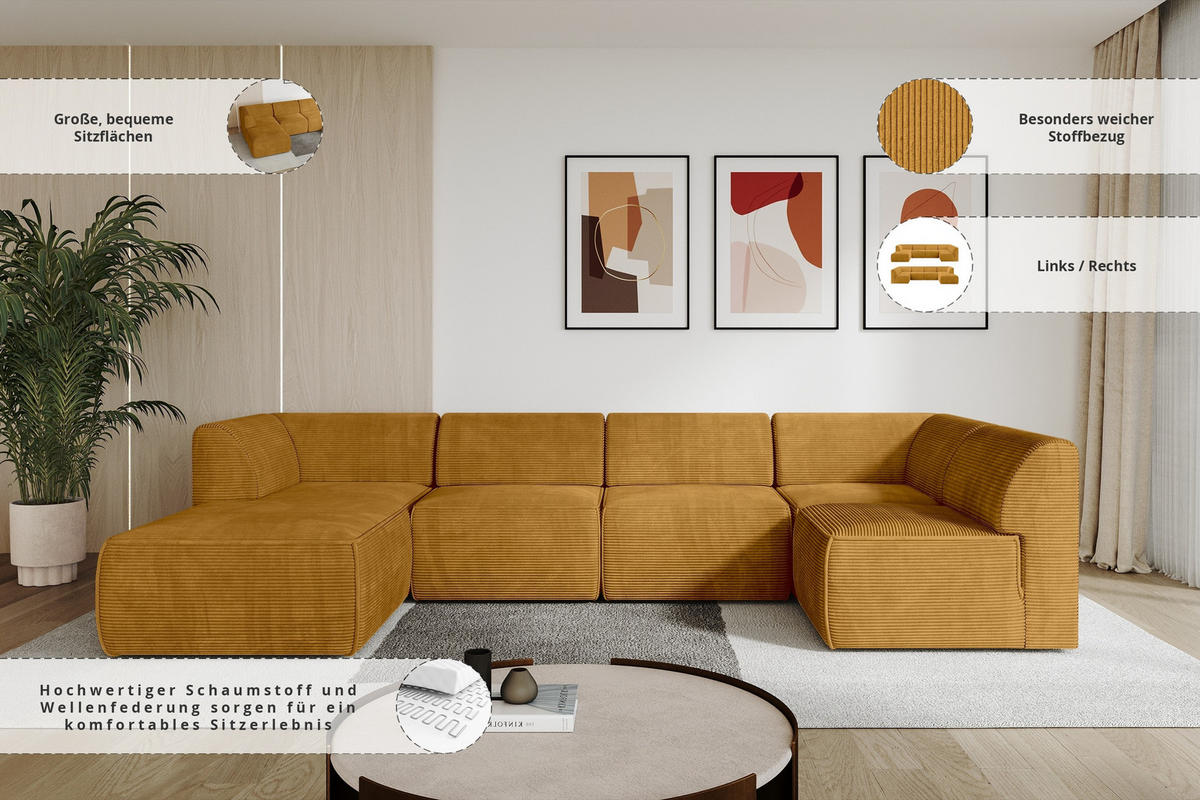 WOHNLANDSCHAFT Ottomane Links MOVA 345x180x78 Senfgelb Cord - Currygelb/Dunkelgelb, Holzwerkstoff/Kunststoff (180/78/345cm) - ALTDECOR
