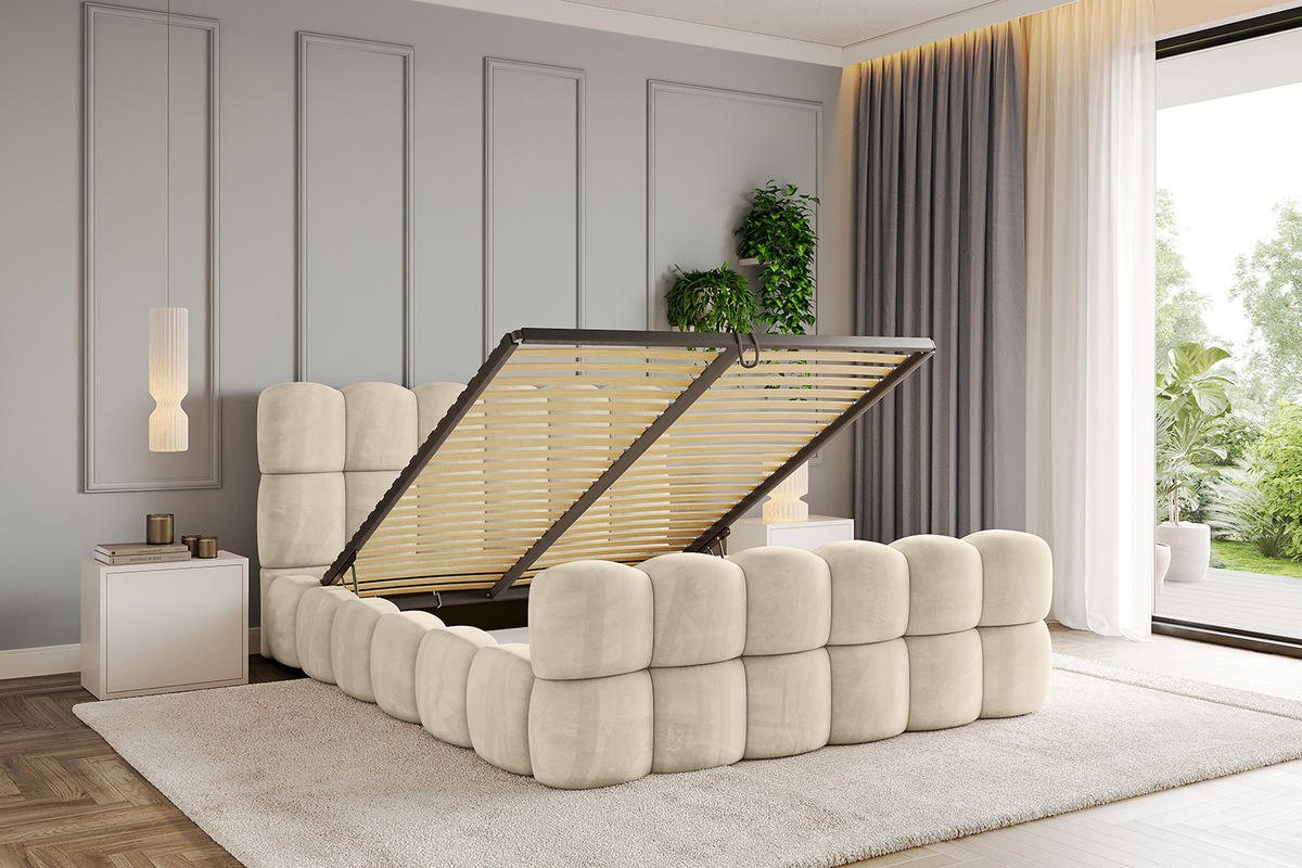 POLSTERBETT mit Bettkasten, Fußteil und Lattenrost, Boxbett ohne Matratze - LEYA-Z 120x200 Beige - Ecru, Holzwerkstoff/Textil (120/200cm) - ALTDECOR