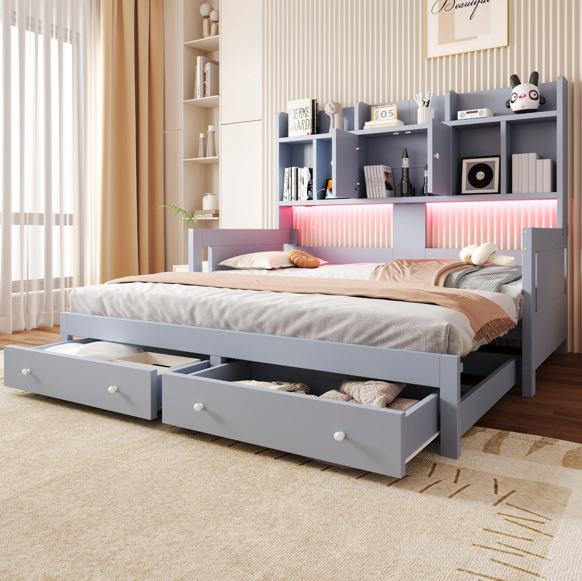 BETT 90/180×190 cm in Grau mit Stauraum, Steckdose und LED-Beleuchtung - Grau, Holz (180/190cm) - Flora Grace