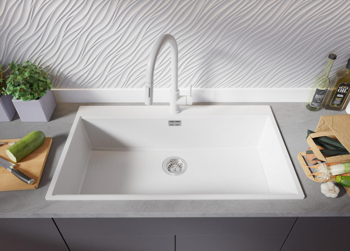 SPÜLBECKEN Oslo, 2-er set Weiß 88/50 cm 1 Becken + Ablauf-Set + Schneidebrett ab 90er Unterschrank - Chromfarben/Beige, Kunststoff (88/20/50cm) - Primagran