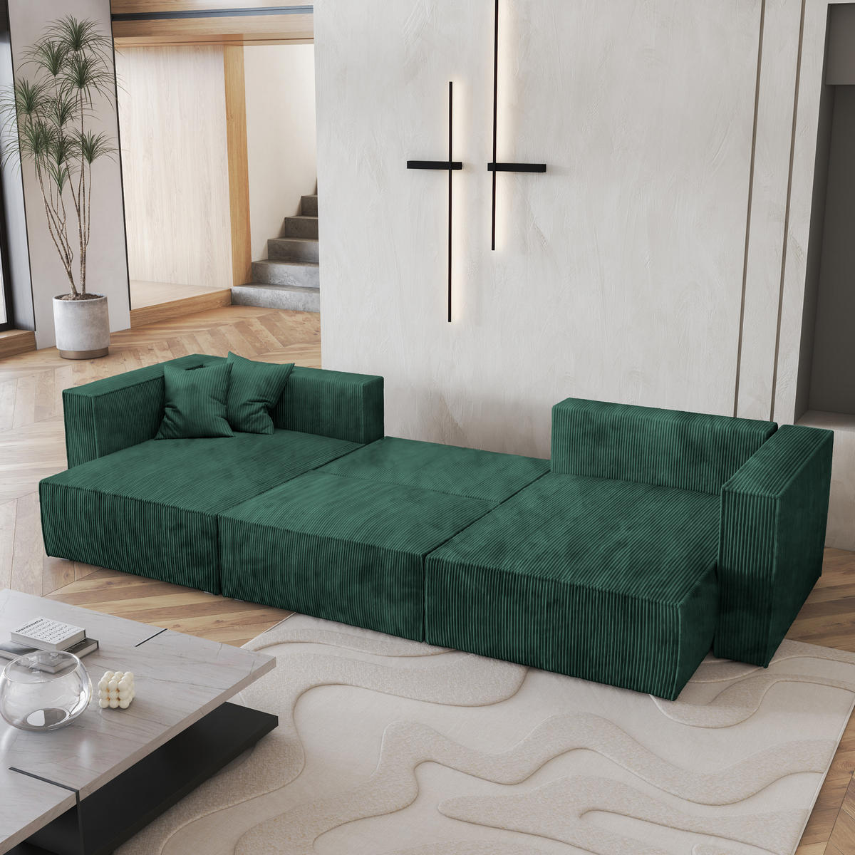 WOHNLANDSCHAFT SARMO P Grün Kordstoff mit Schlaffunktion - Grün, Holz (347/70/148cm) - MASSENO