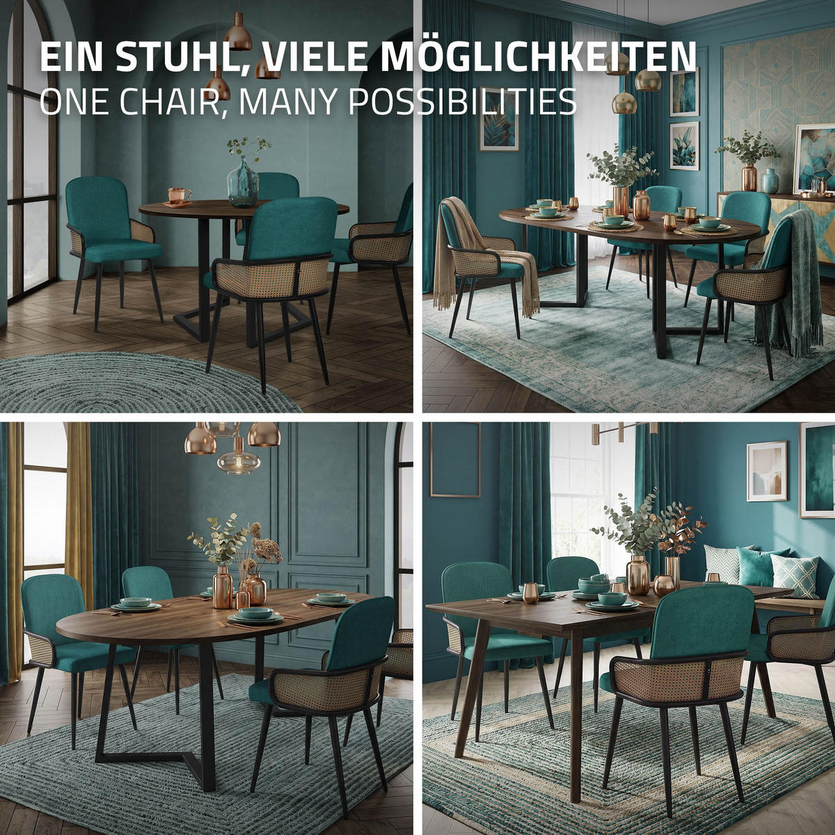 JÍDELNÍ ŽIDLE, sada 4 ks, petrolová barva, s látkovým potahem v ratanovém vzhledu - černá/petrolejová, kov/textil (51/91/61cm) - ML-DESIGN