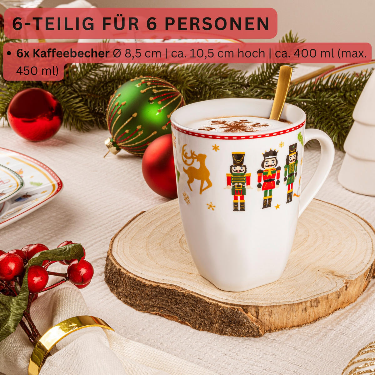 KAFFEEBECHER SET BILGOLA NUSSKNACKER DESIGN - 6 teilig aus Porzellan - Weiß, Keramik (0.4L) - Sänger