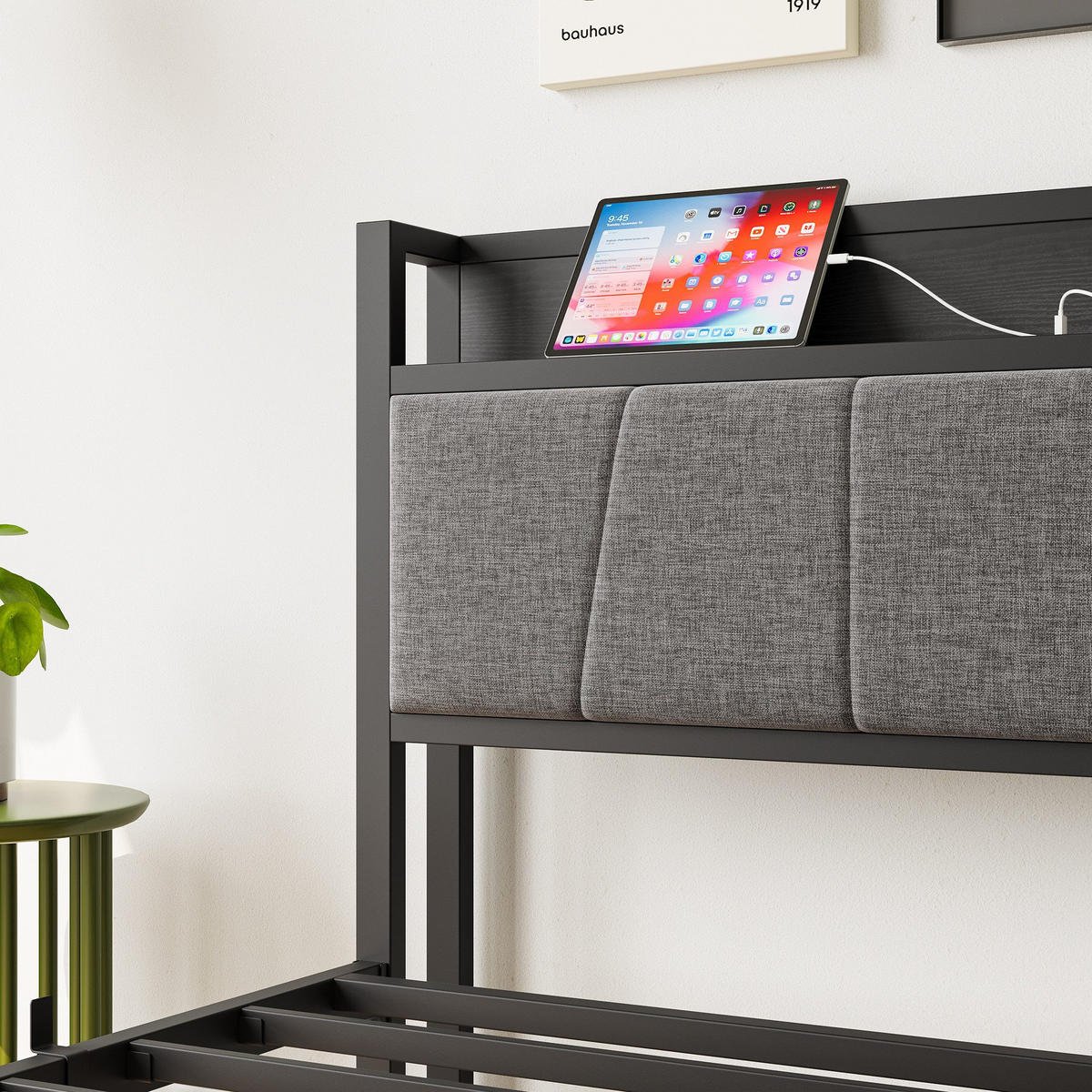 METALLBETT 90x200 cm Schwarz mit Steckdosen und USB-Ladeanschlüssen mit Stauraum-Kopfteil - Schwarz, Metall (90/200cm) - Modfu