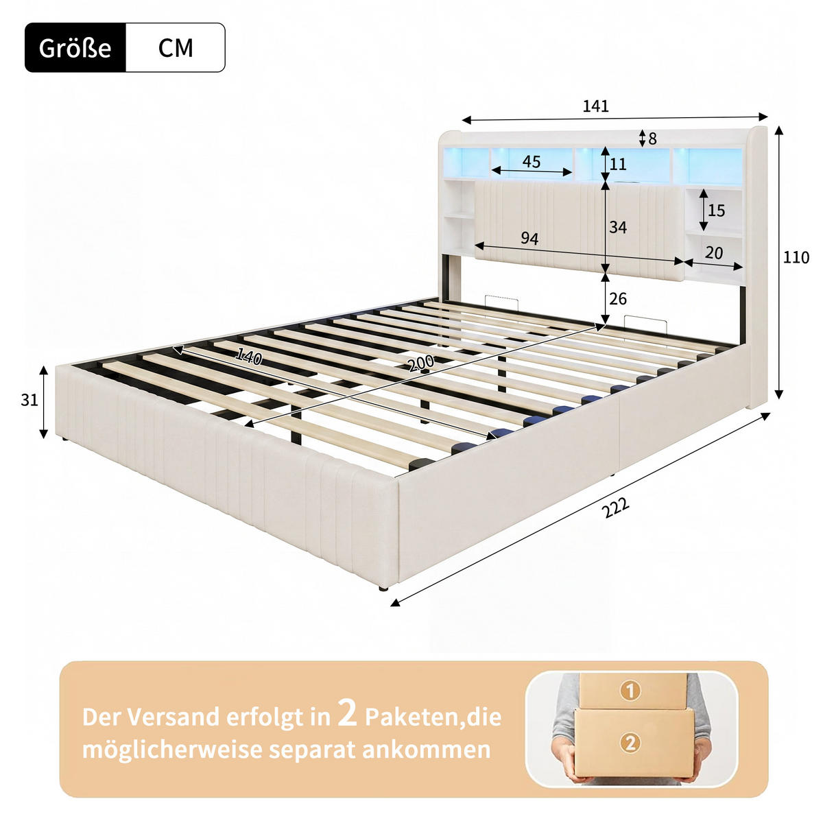 HYDRAULISCHES Stauraumbett 140x200 Beige Leinenoptik mit RGB LED & Steckdosen, Kopfteil mit Regalen - Weiß, Holz - SHOPENTRA