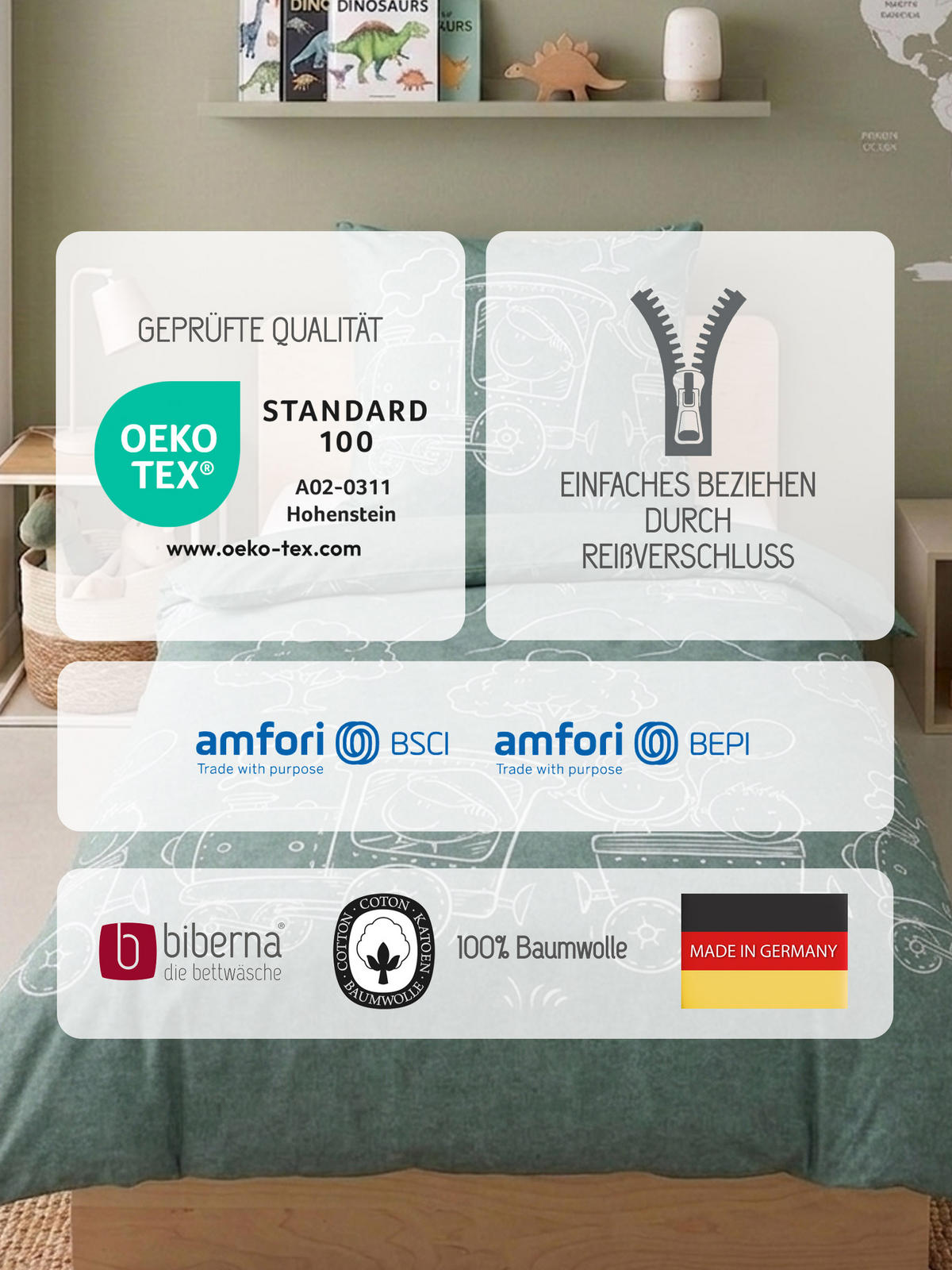 BETTWÄSCHE-GARNITUR Premium Melange Lokomotive fichte, 135x200 cm + 80x80 cm - Dunkelgrün, Textil (135/200cm) - biberna