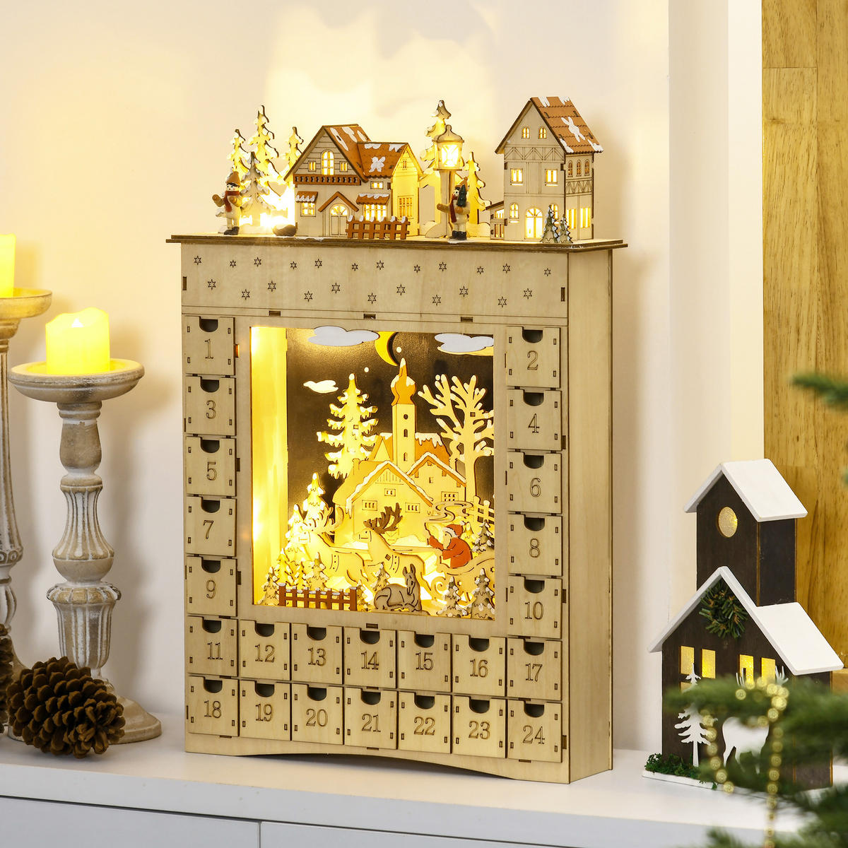 ADVENTSKALENDER zum Befüllen 24 Schubladen Fächer Weihnachtskalender DIY - Naturfarben, Holzwerkstoff (9/52/36cm) - HOMCOM