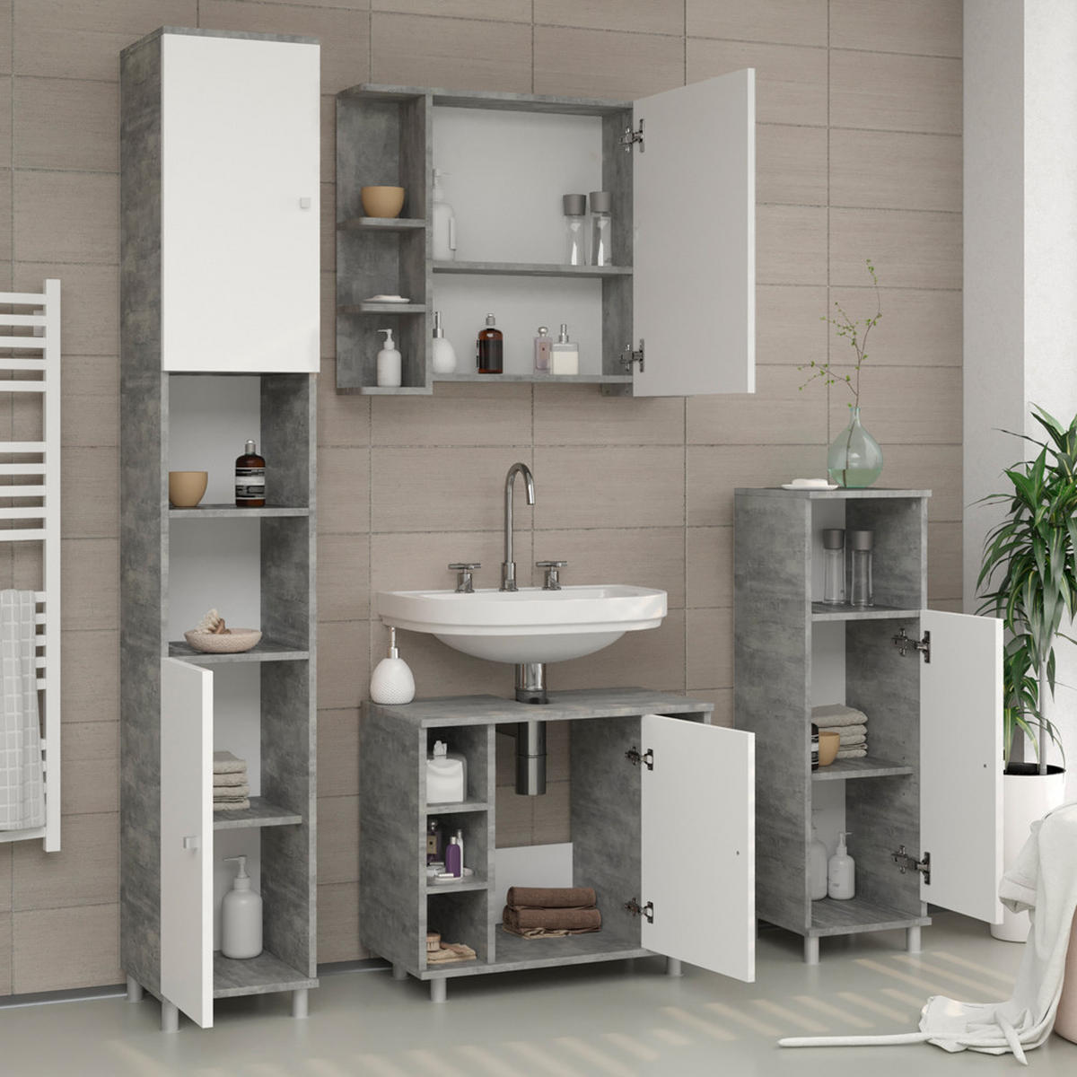 BADMÖBEL-SET Fynn Beton 4 Teile - Schieferfarben/Weiß, Holzwerkstoff (60/54/32cm) - Vicco