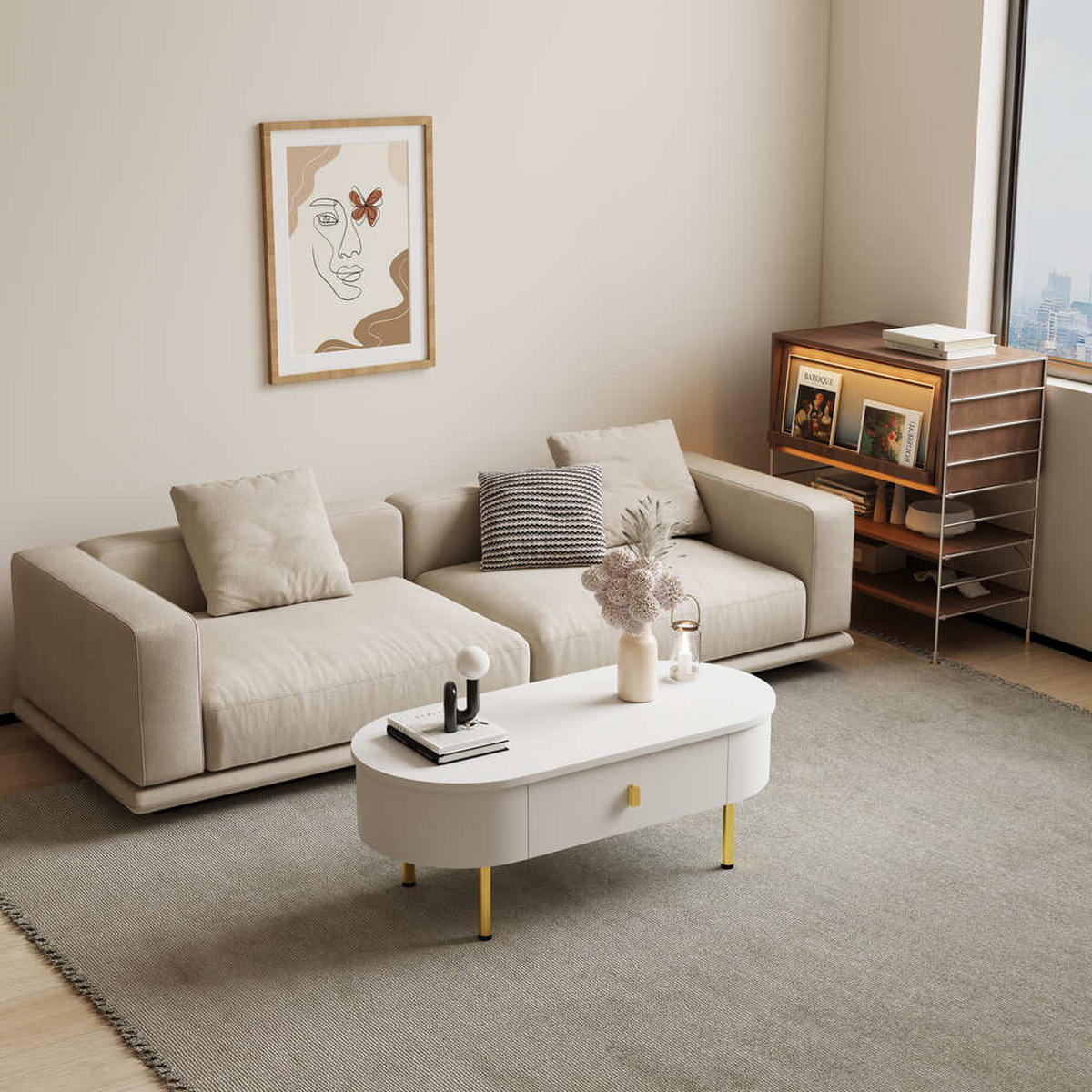 COUCHTISCH Gold Griffe Beine Gebogene Ecken 2 Schubladen - Weiß, Holz (119.38/58.42/25.4cm) - FLIEKS