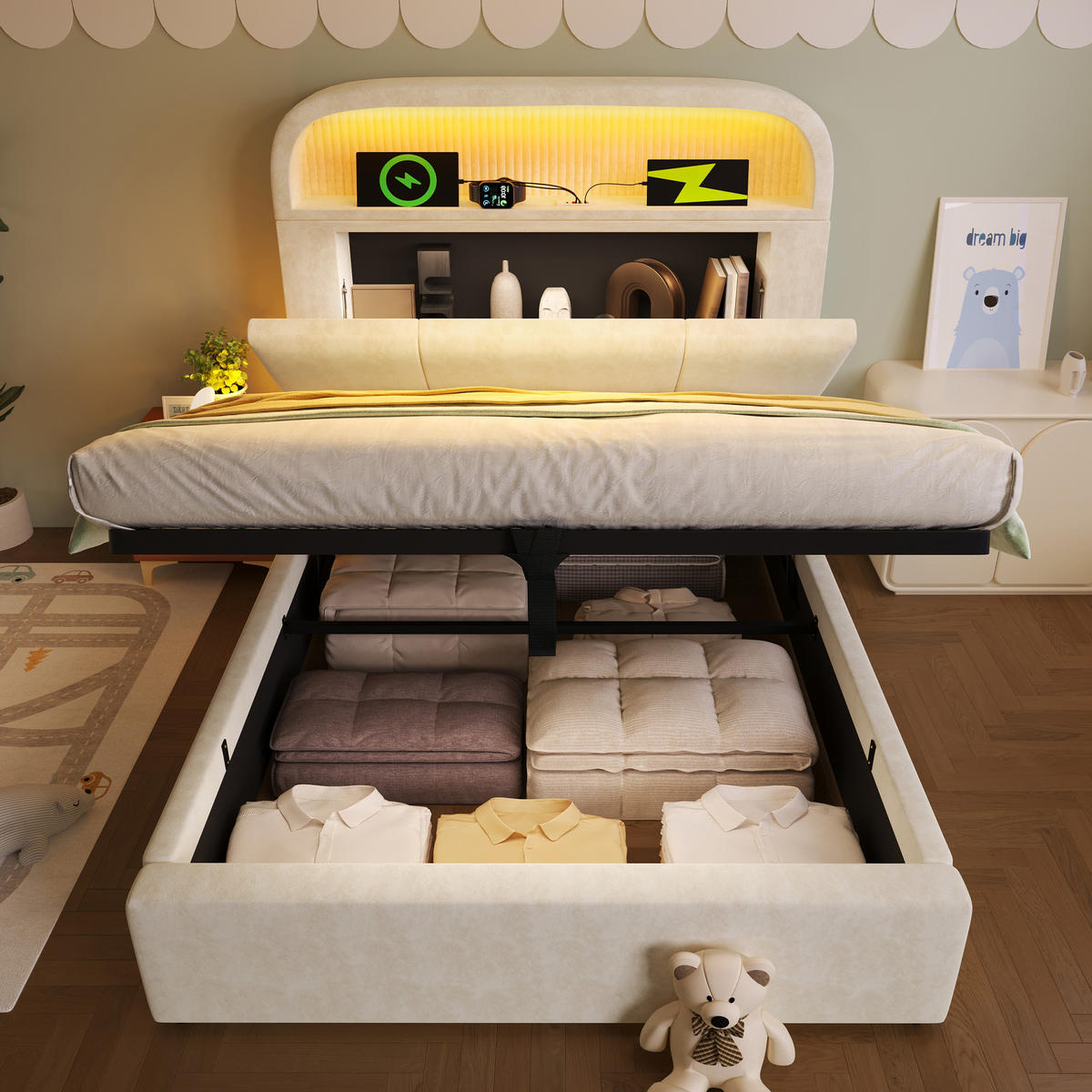 POLSTERBETT aus Samt 90x200 cm in Beige mit LED-Beleuchtung & Ladestation - Beige, Textil (90/200cm) - Modfu