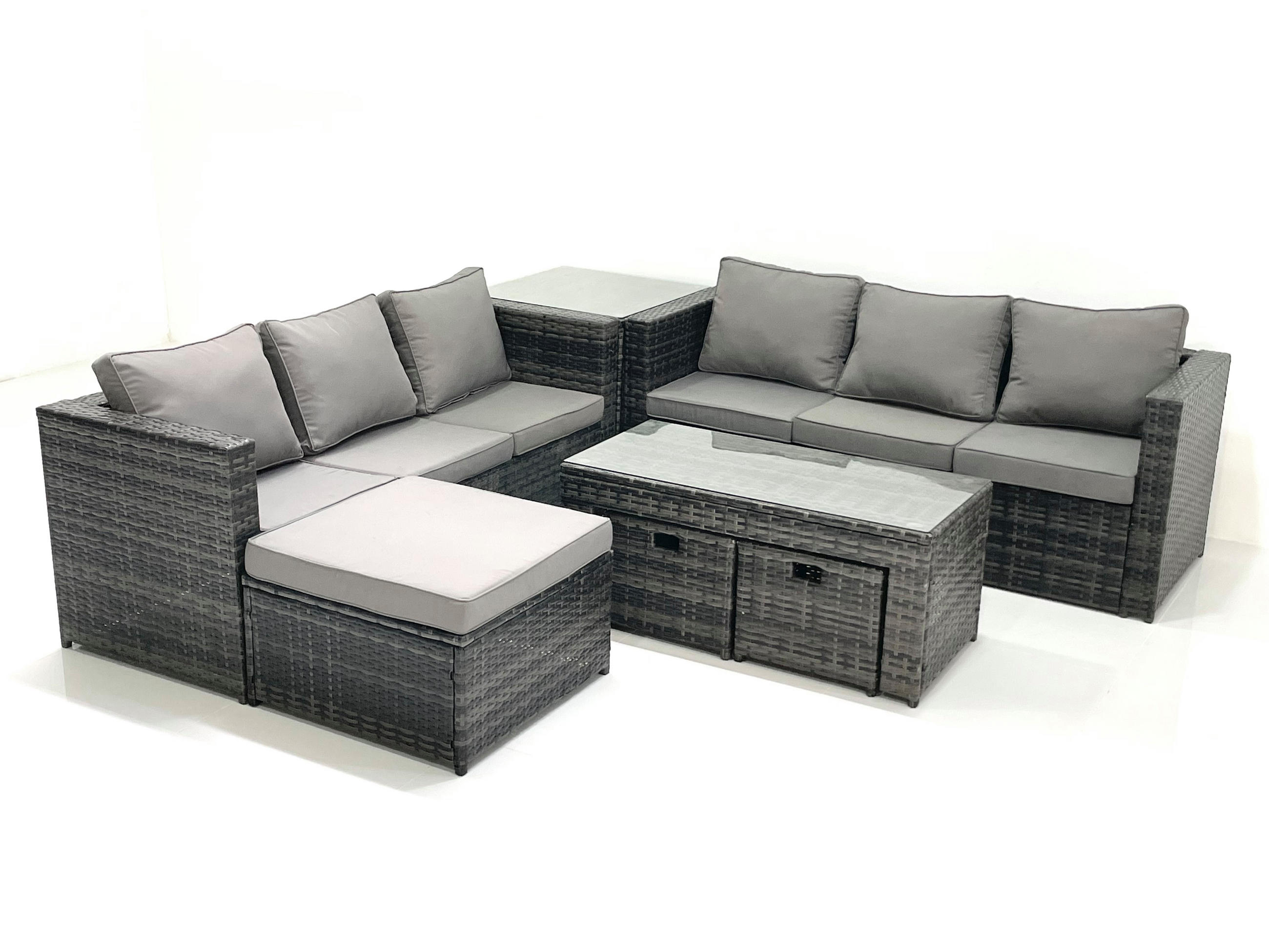 GARTENMÖBEL COUCHTISCH SET mit Sofa Polyrattan Outdoor 9-Sitzer - Dunkelgrau/Grau, Glas/Kunststoff - Fimous
