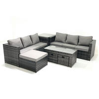 GARTENMÖBEL COUCHTISCH SET mit Sofa Polyrattan Outdoor 9-Sitzer - Dunkelgrau/Grau, Glas/Kunststoff - Fimous