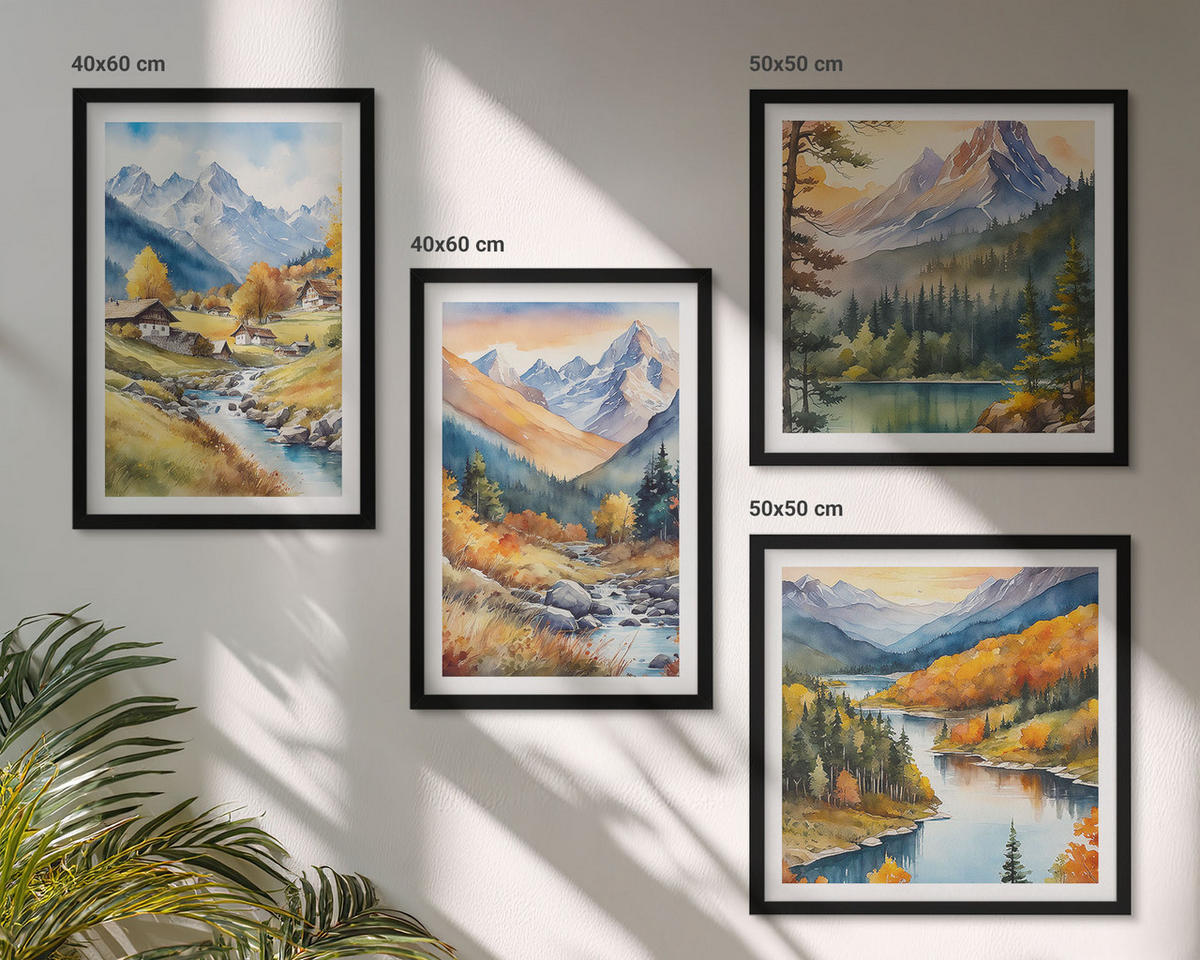 BILDER SET 4er Set - 50x50 cm & 40x60 cm Schwarzer Rahmen - Berglandschaft, Flusshütten - Schwarz, Kunststoff (50/50cm) - TULUP