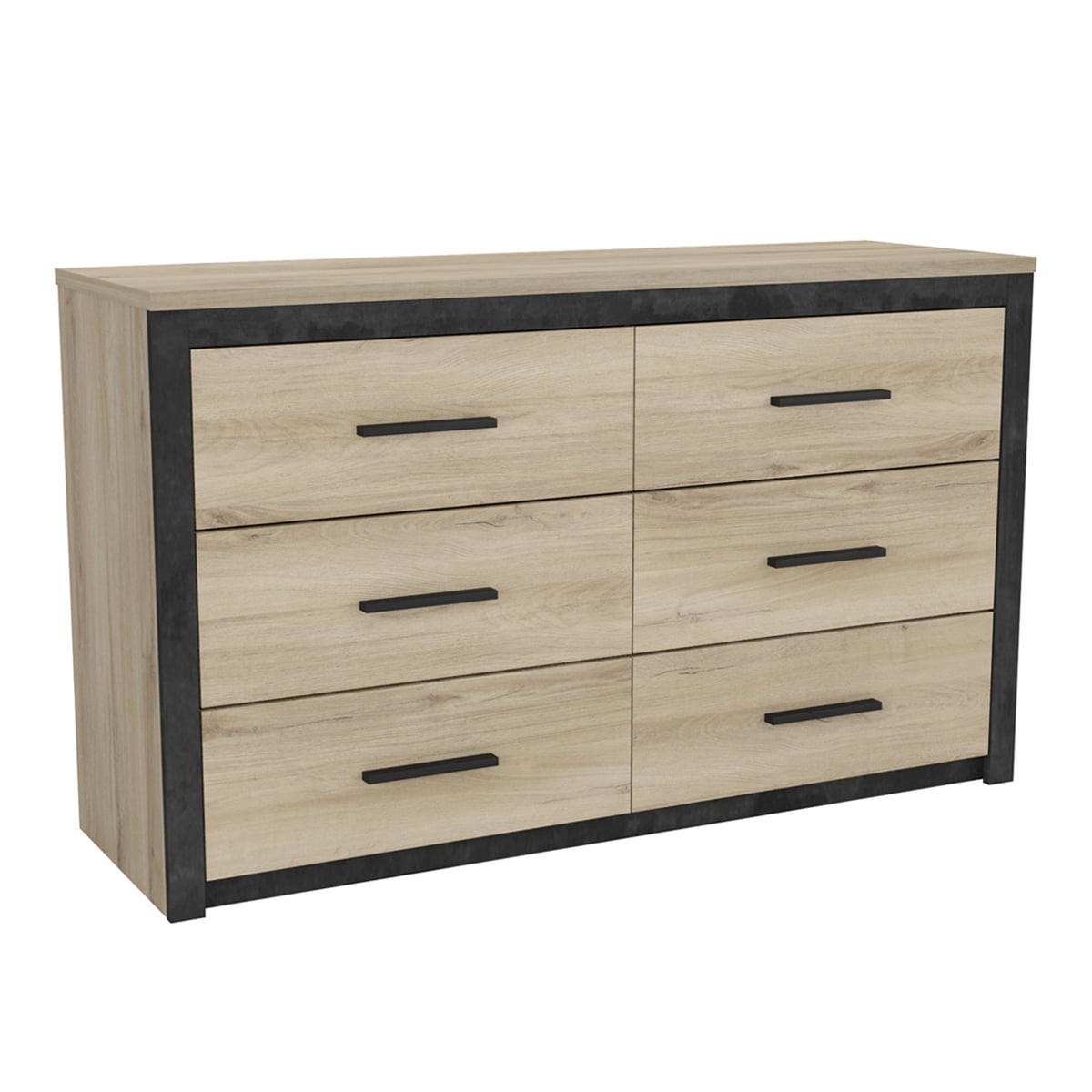 KOMMODE mit 6 Schubladen, Eiche und Schwarz Dekor L129 cm - Colorado - Eichefarben, Holzwerkstoff (41.8/77.1/41.3cm) - Calicosy