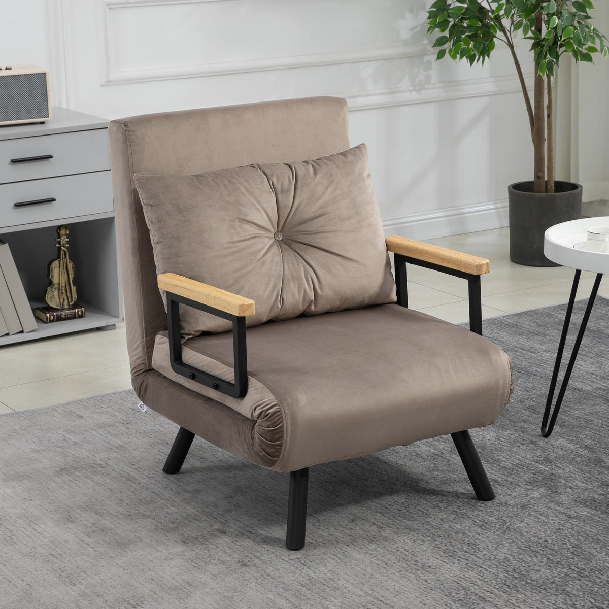 SCHLAFSESSEL Einzelsofa mit Bettfunktion, Relaxsessel mit Rückenkissen Hellbraun - Hellbraun/Schwarz, Holz/Textil (73/81/63cm) - HOMCOM