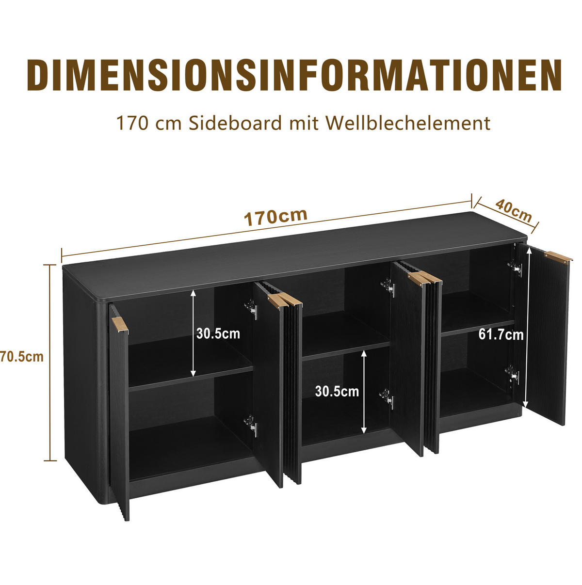 SIDEBOARD aus MDF 170x40x70,5 cm Schwarz mit 6 Türen, viel Stauraum und wellenförmiger Front - Schwarz, Holzwerkstoff (170/70.5/40cm) - Modfu