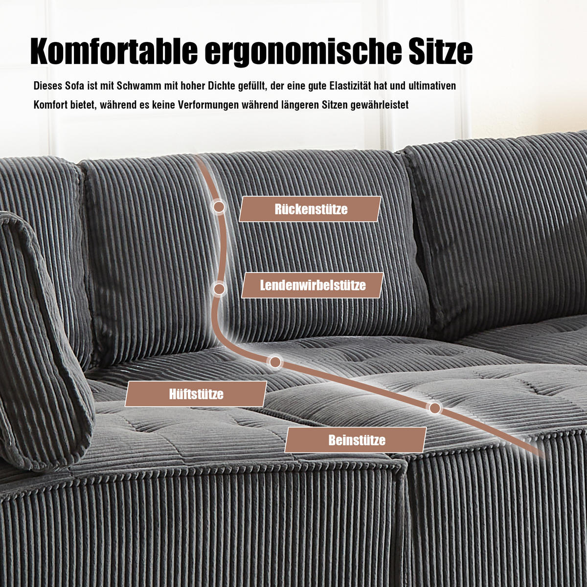 MODULARES 6-Sitzer Sofa Cord flexibel als U-/L-Form und Eckschlafsofa Grau 308/154/82 cm - Grau, Textil (154/308cm) - Redom