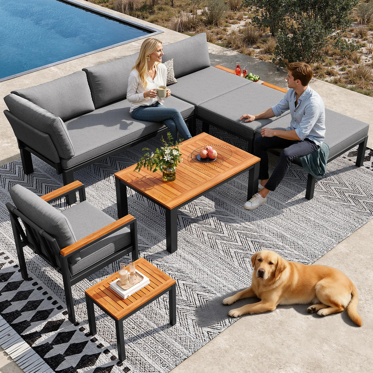 GARTENLOUNGE Grau modular Metallrahmen Kissen Tisch Set - Grau, Holz - FLIEKS
