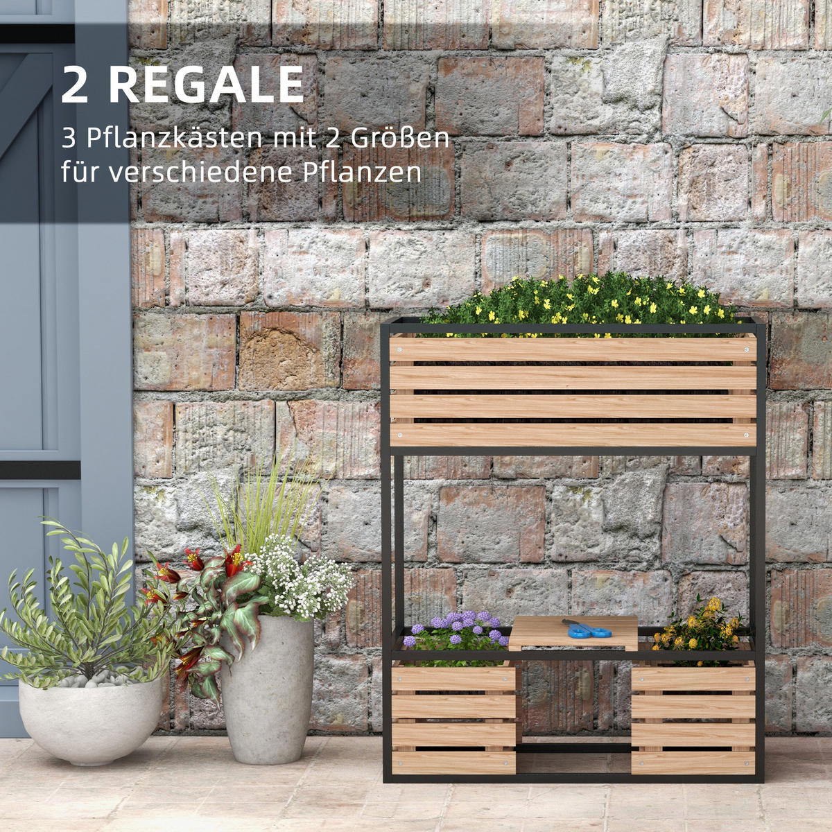 HOCHBEET aus Holz, 2-Stufiger Blumenkasten mit Ablage, für Garten, Balkon, Hellbraun - Braun, Holz/Metall (39/100/83cm) - Outsunny