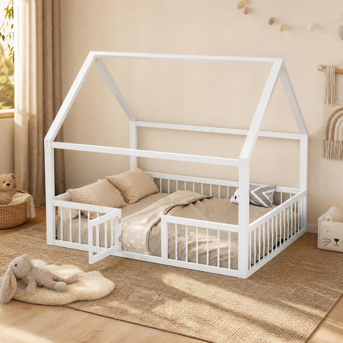 HAUSBETT 140/200 mit Dachdesign und Sicherheitsgeländer in Weiß - Weiß, Metall (140/200cm) - EVRYAE