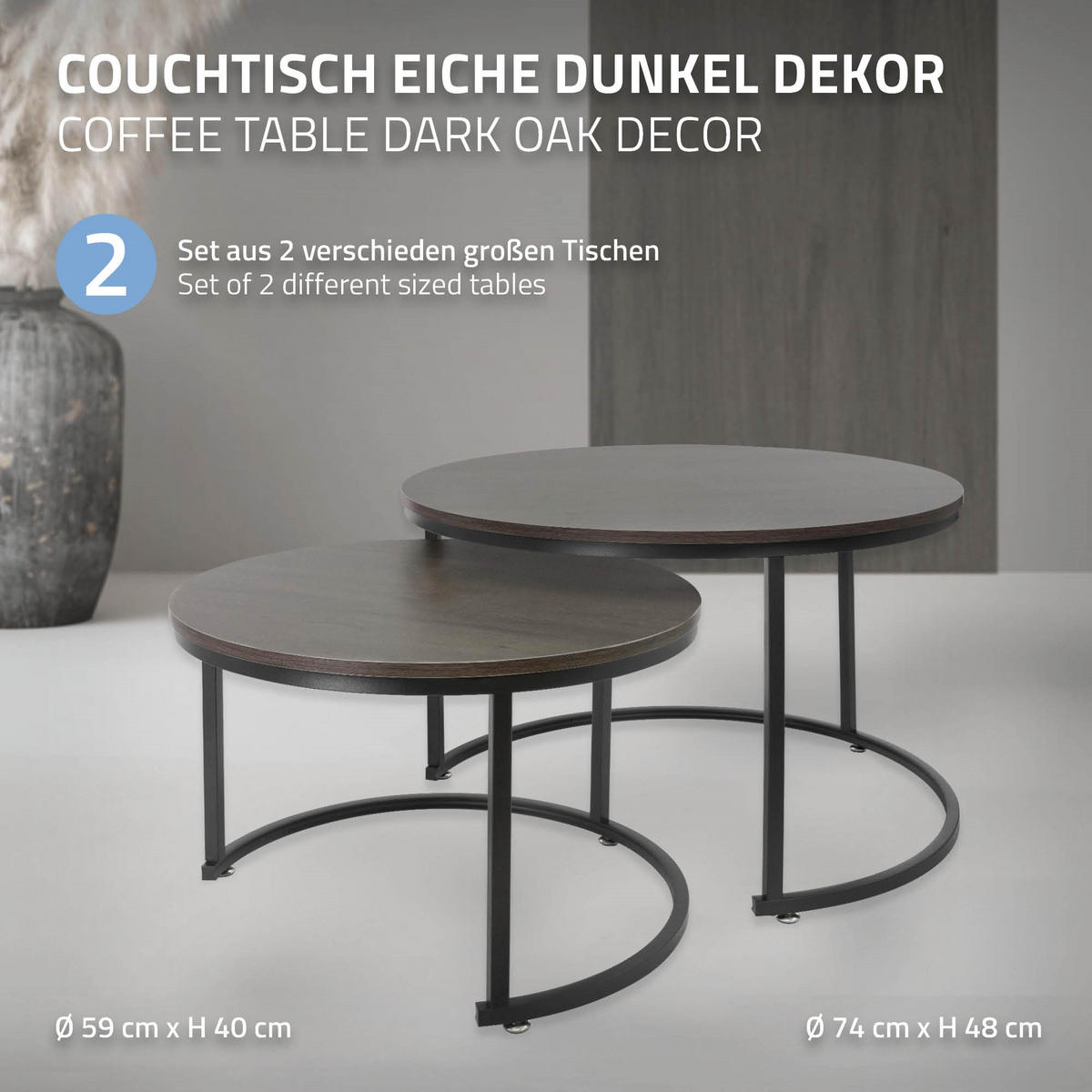 COUCHTISCH rund Eiche-dunkel-Schwarz 74/74/48-59/59/40 cm 2er Set - Dunkelbraun, Metall (74/48/74cm) - ML-DESIGN