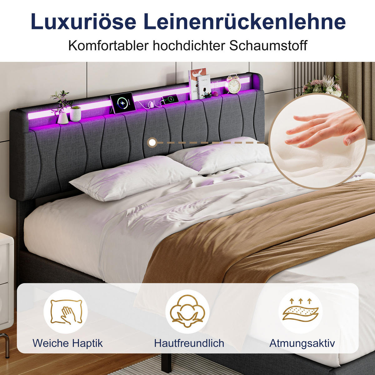 BETT 140x200 mit lattenrost, polsterbett mit USB und LED, leinenstoff, grau - Grau, Holz/Metall (140/200cm) - GENKI LIVING