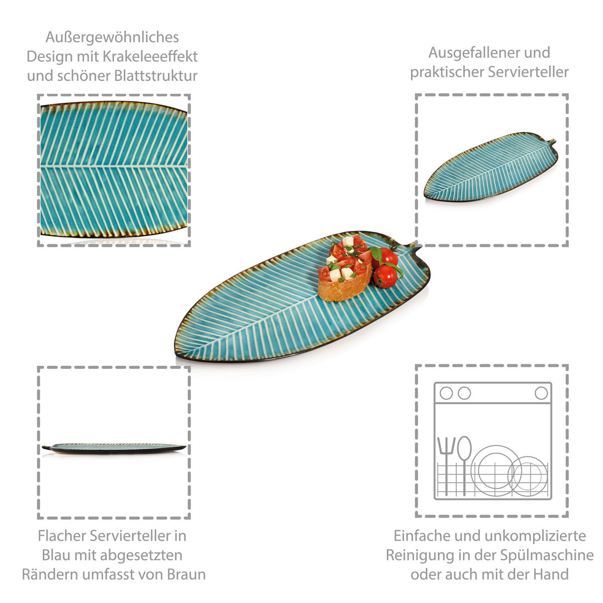 SERVIERTELLER CAPRI - Blattoptik aus Steingut - Pastellblau, Keramik (39.3/11.95/22.25cm) - Sänger