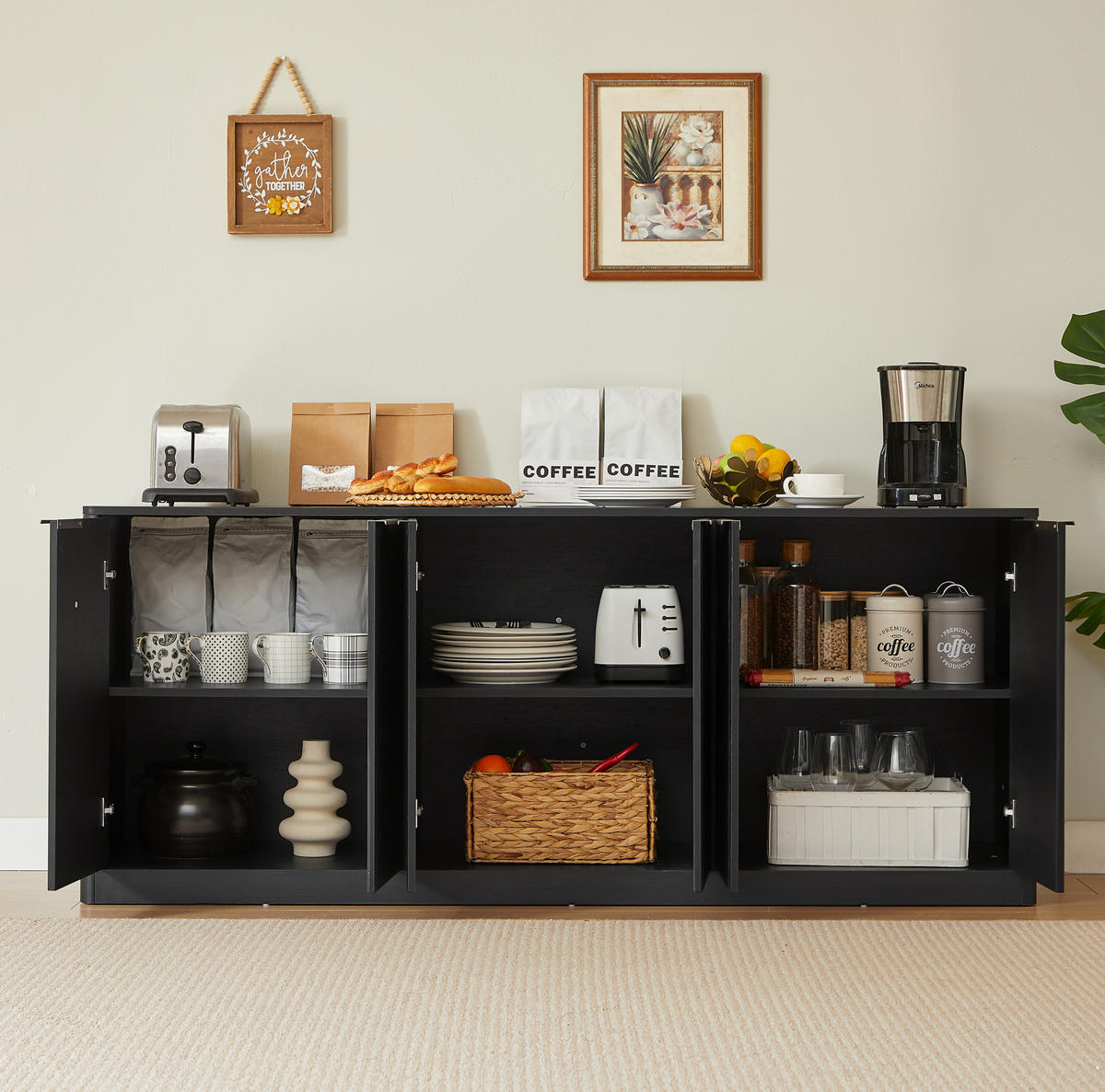 SIDEBOARD 170/40/70,5 cm aus MDF mit 6 Türen, wellenförmiger Front und viel Stauraum, Schwarz - Goldfarben/Schwarz, Holzwerkstoff/Metall (170/70.5/40cm) - Redom