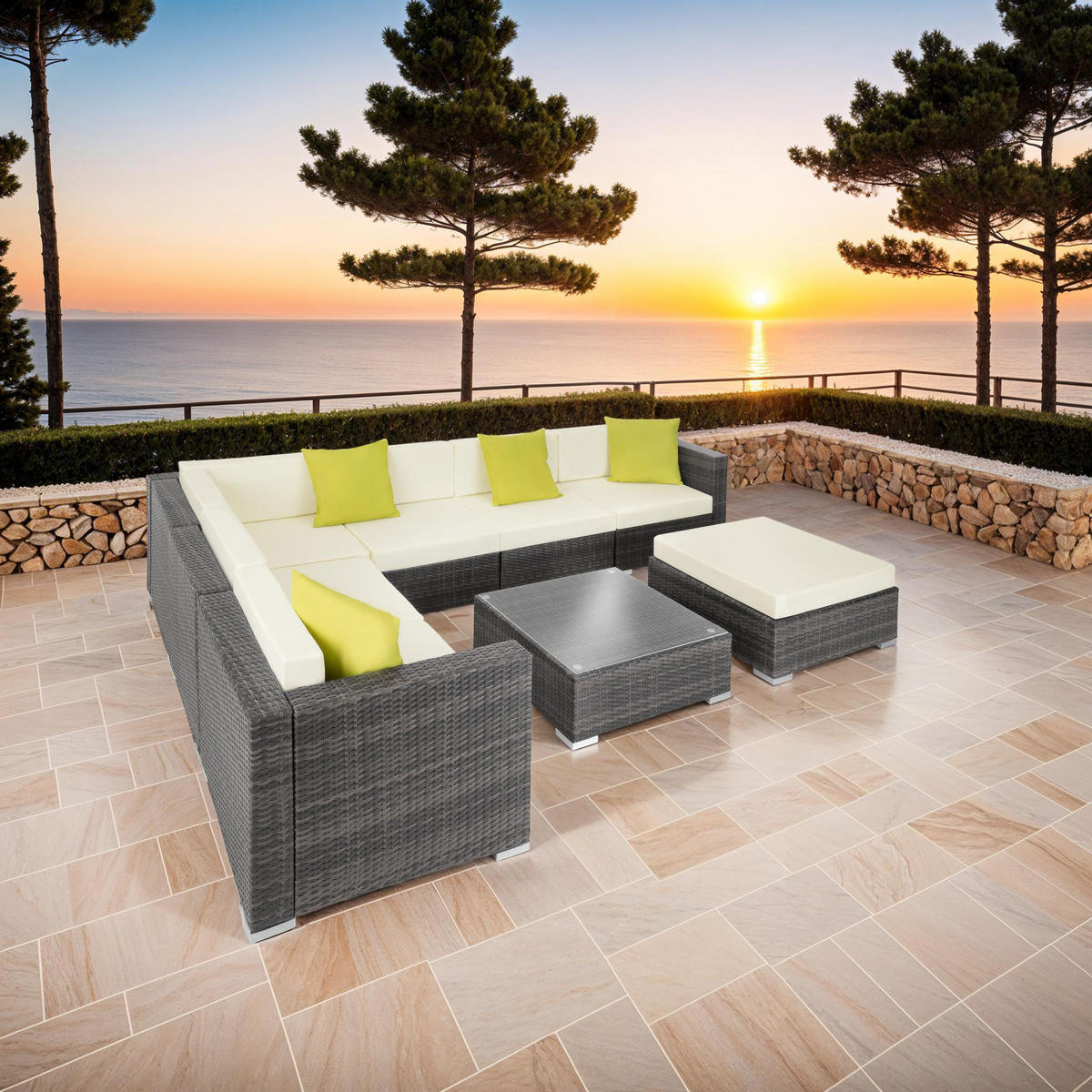 RATTANLOUNGE Marbella,mit Sicherheitsglasplatte,grau - Grau, Kunststoff - tectake