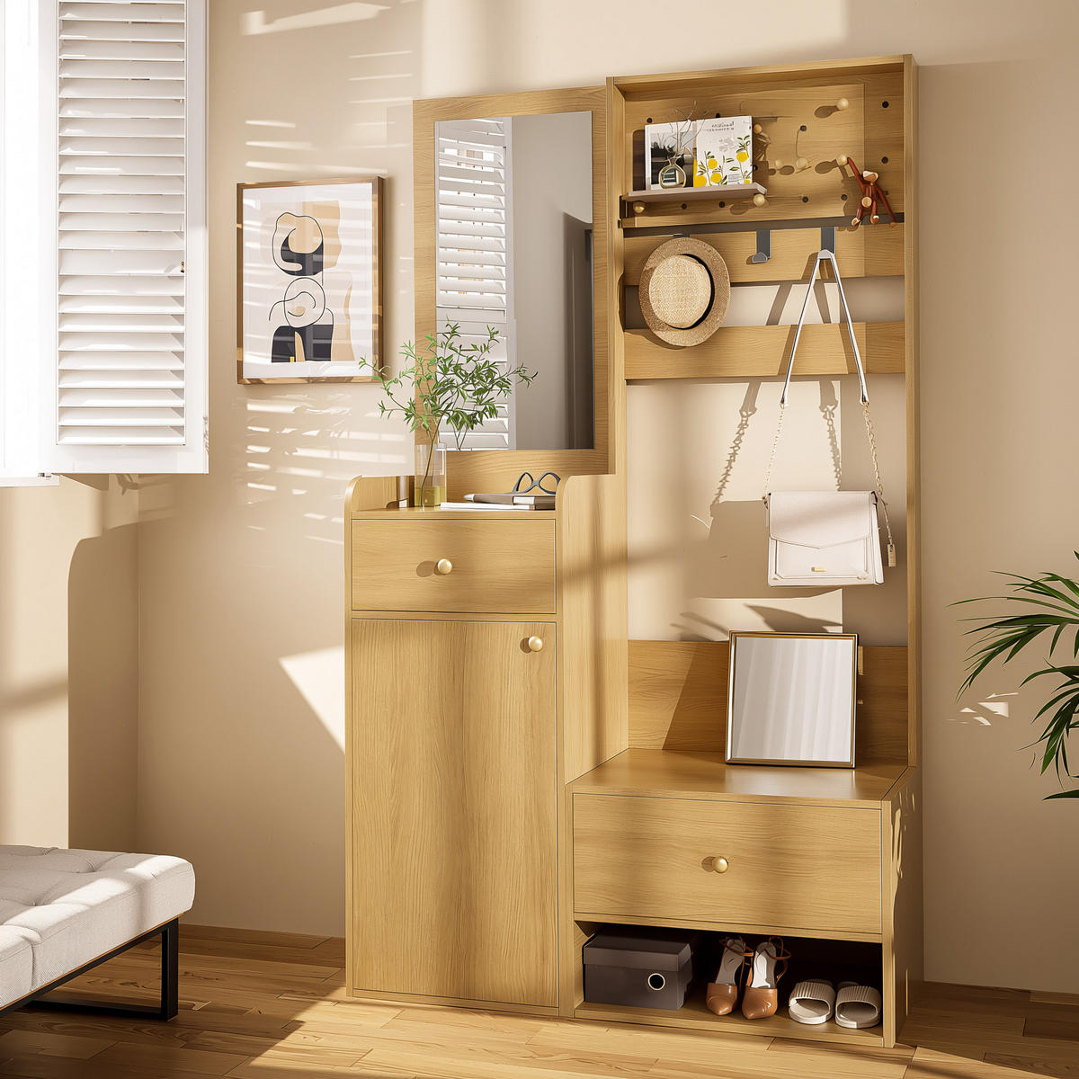 GARDEROBEN-SET 105 cm Holzoptik Natur – Kompaktgarderobe mit Spiegel, Schuhbank & flexiblem Hakenboard - Naturfarben, Holzwerkstoff (105/180/38cm) - Urban Meuble
