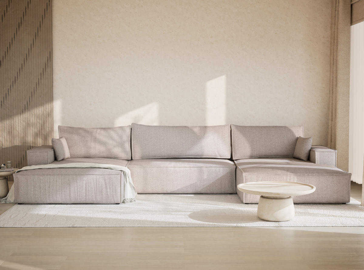 WOHNLANDSCHAFT Kyoto Hellbeige Webstoff - Beige/Schwarz, Holz/Holzwerkstoff (398/70/148cm) - Maison de Reve