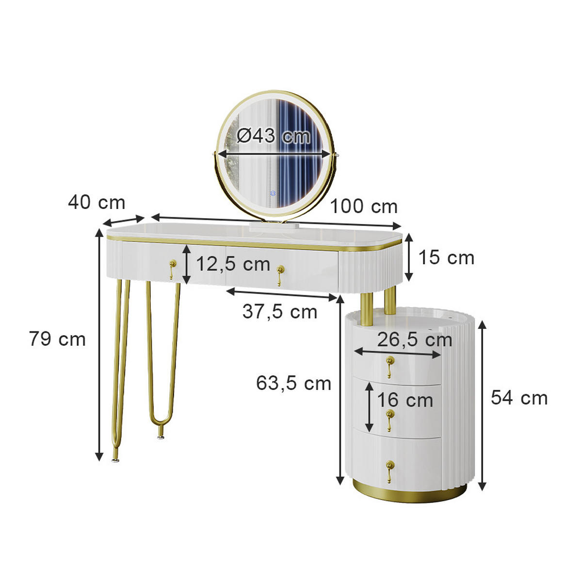 SCHMINKTISCH Charlène Weiß 100 cm mit LED-Spiegel - Weiß, Holzwerkstoff (100/79/40cm) - Vicco