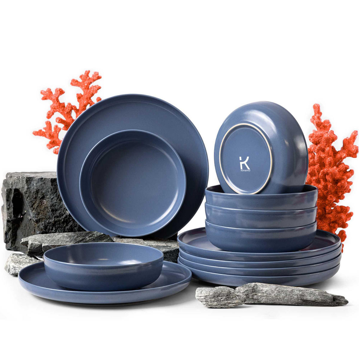 TAFELSERVICE VICTO matt blau 6 Personen 12-tlg - Blau, Keramik (27/2/27cm) - KONSIMO®