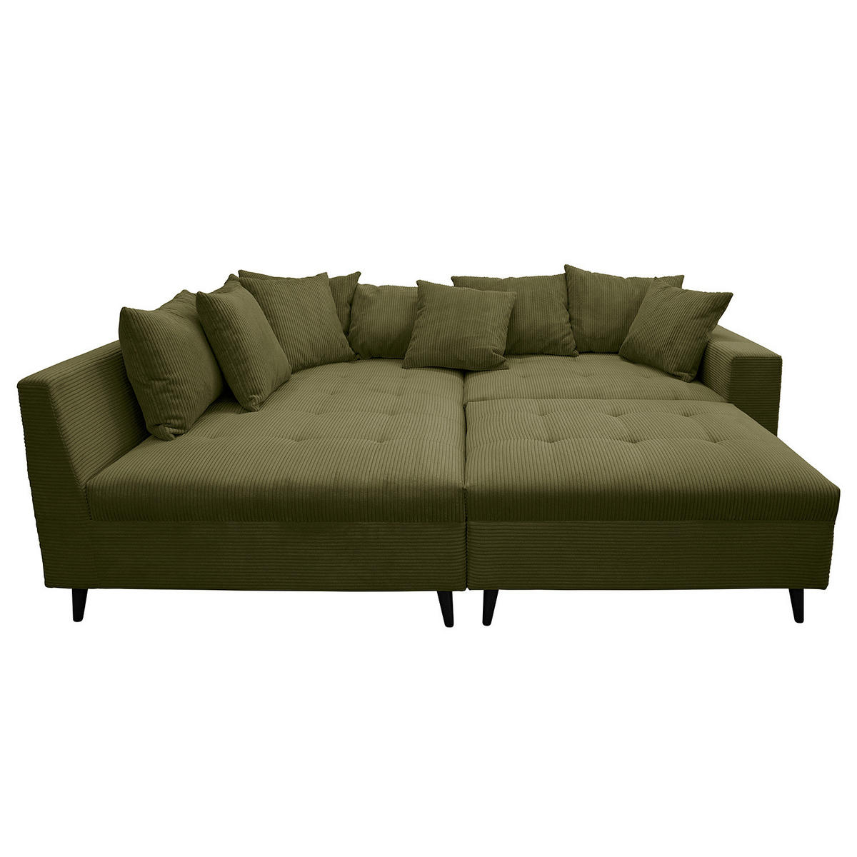 ECKSOFA mit Ottomane und Hocker - Schwarz/Olivgrün, Birkenholz/Textil (247/174cm) - home24