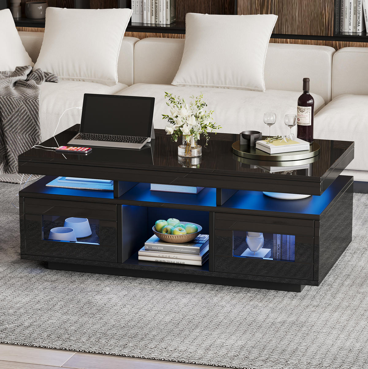 COUCHTISCH mit LED und Steckdose 100 x 50 x 43 cm Schwarz Hochglanz - Schwarz, Holzwerkstoff (100/50/43cm) - Meubliv