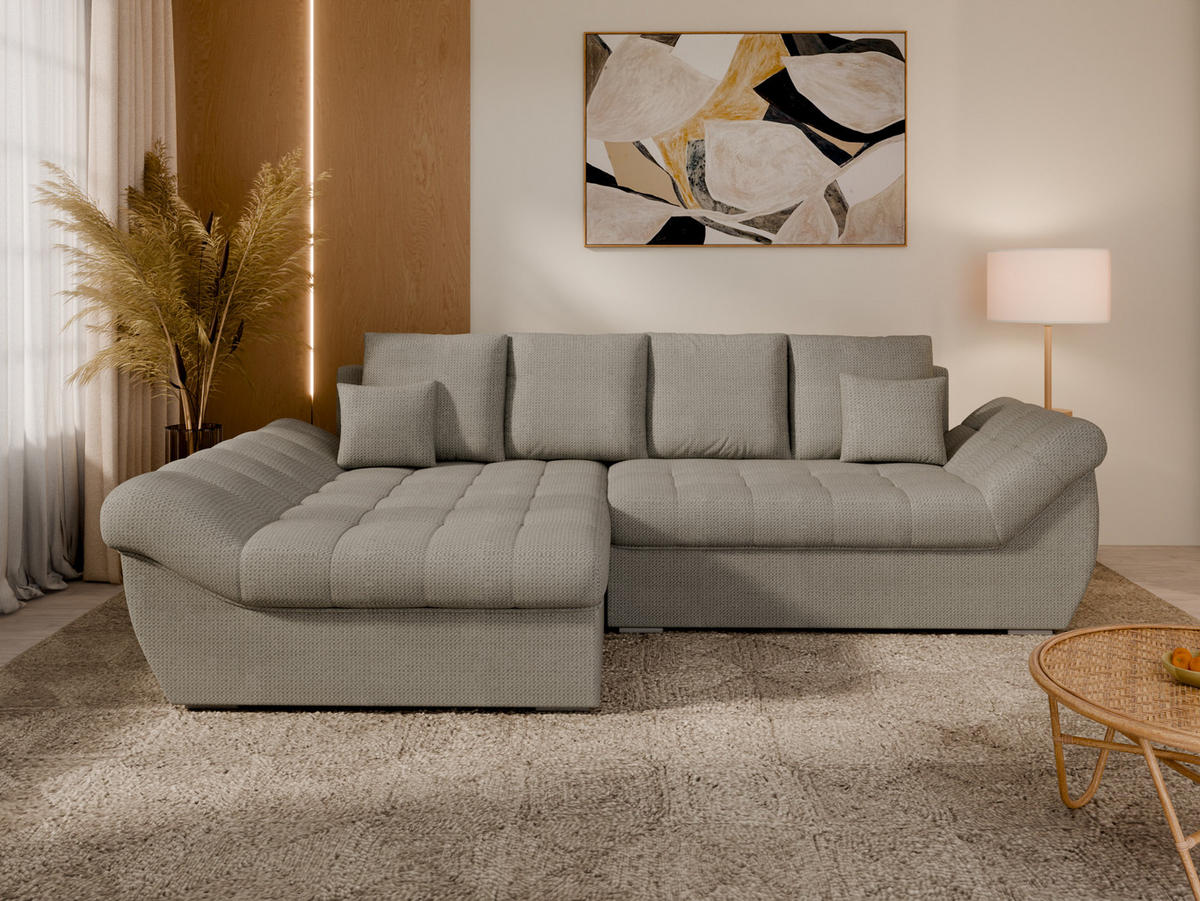 ECKSOFA ZAYA mit Schlaffunktion L-Form, Sofa mit Bettkasten, Wohnzimmersofa, Couch, Soffa, Bettsofa, LINKS- Elephant - Zinkfarben, Holz (279/175cm) - Homesy