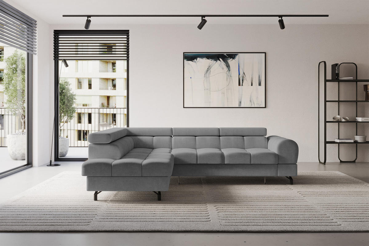 ECKSOFA mit Schlaffunktion Ottomane Links LUMA-L 272x203x70 Grau Velours - Schwarz/Grau, Holzwerkstoff/Kunststoff (272/203cm) - ALTDECOR